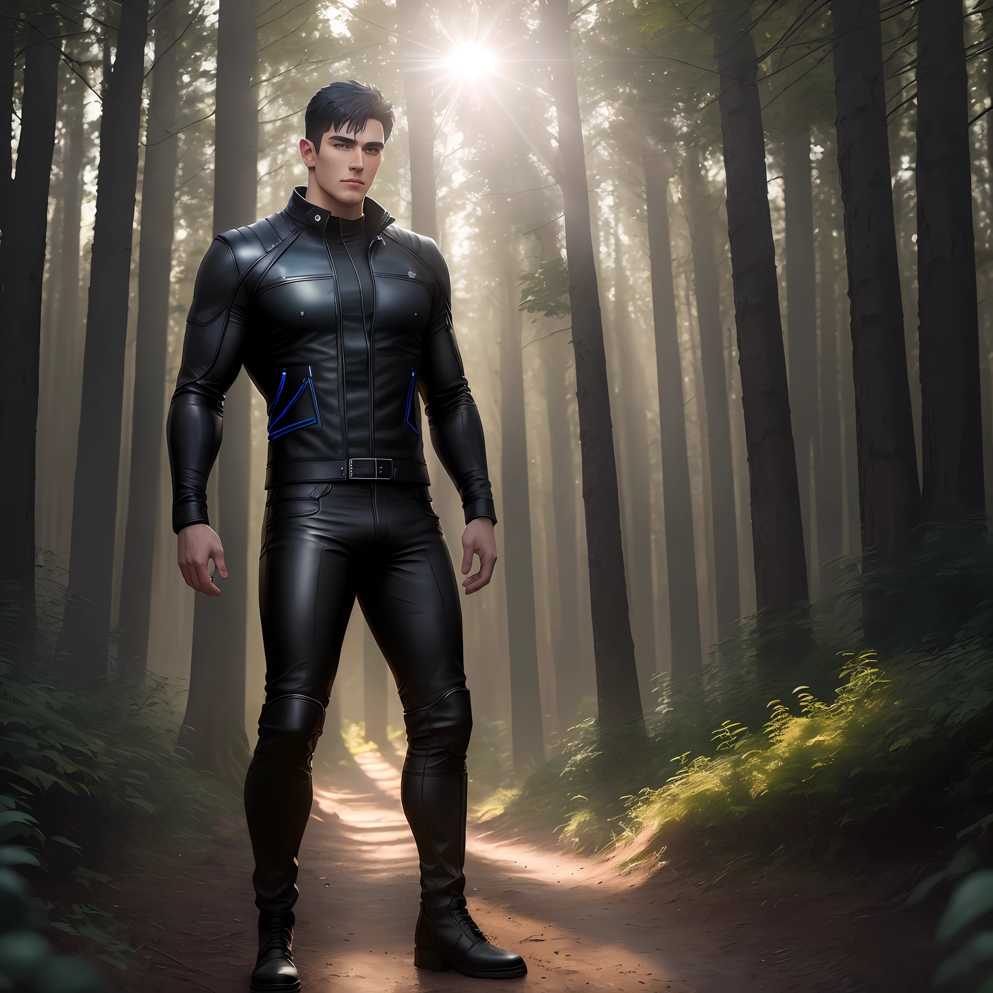 tall, muscular man, short black hair, blue eyes, square face, sexy look, wearing black leather clothes, pants, boot, t-shirt, leather jacket, big and wide he is standing in a forest, ultra realistic image, 8k uhd, dslr, soft_lighting, best_quality, Fujifilm_XT3, high_resolution, photographed on a Canon EOS R5, F/2.8, HDR, ray tracing, bloom, ambient_oscillation, godrays, sun flare,masterpiece, best quality, intricate, tone map, high detail, artstation, concept art, smooth, sharp focus, realism (highly detailed background: 1.0)