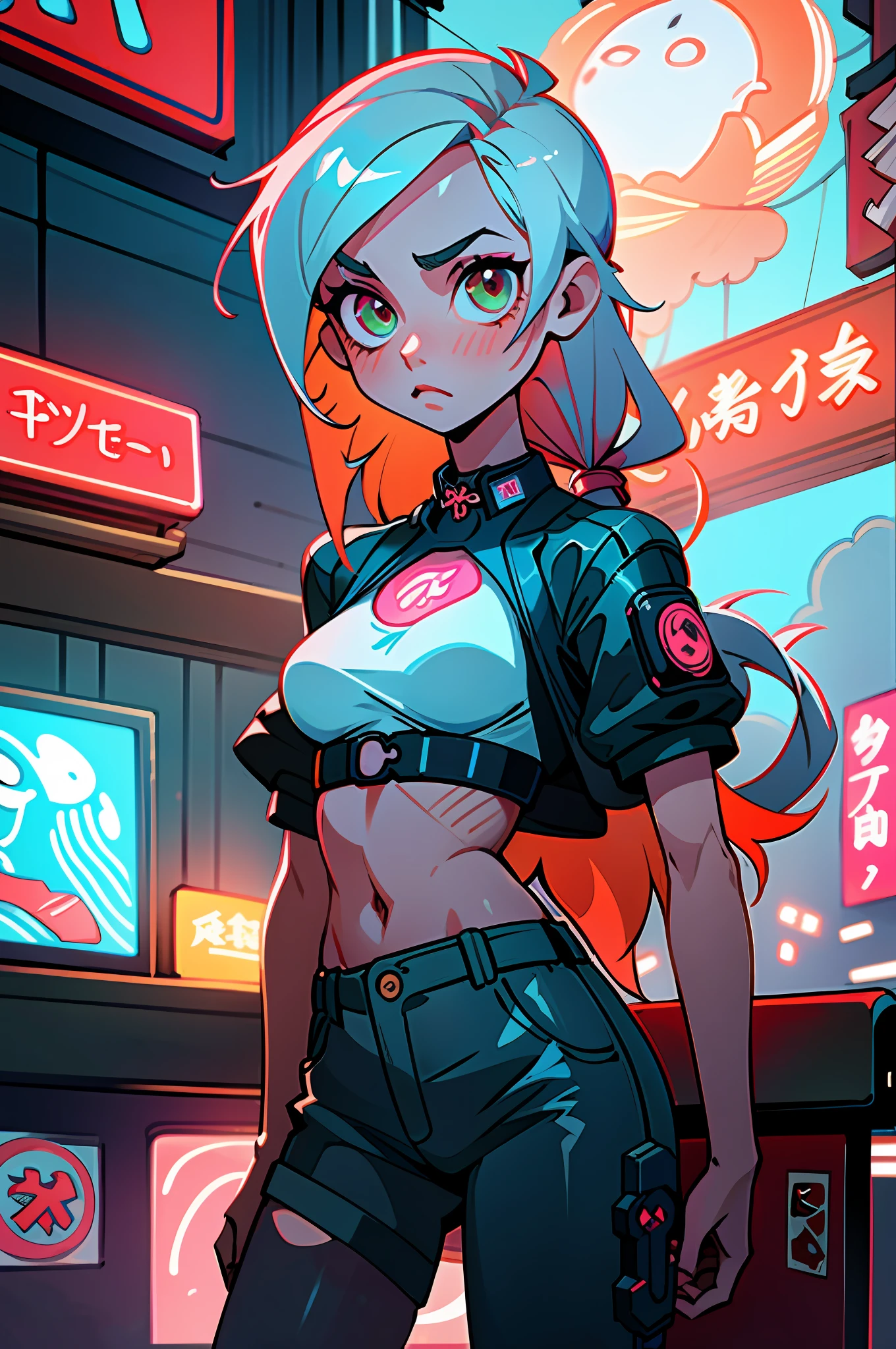 (best quality, masterpiece), 1girl, cyberpunk, neon, cloudy sky, (cartoon: 1.5), sexy, string, big breast, tight, petite, small, neon signs, ramen shop, crop top, fish net, really low waist, transparent, very long hair