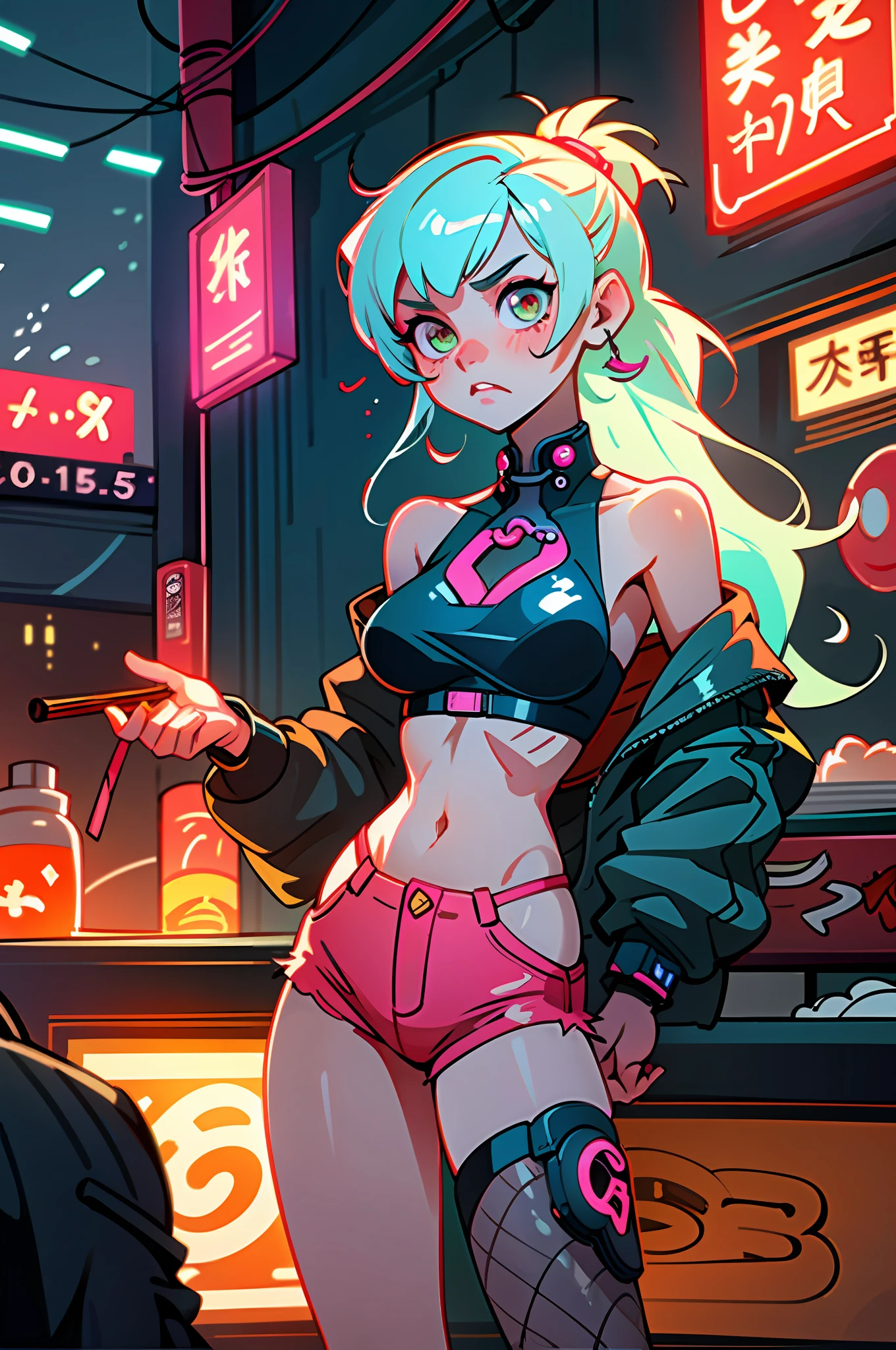 (best quality, masterpiece), 1girl, cyberpunk, neon, cloudy sky, (cartoon: 1.5), sexy, string, big breast, tight, petite, small, neon signs, ramen shop, crop top, fish net, really low waist, transparent, very long hair