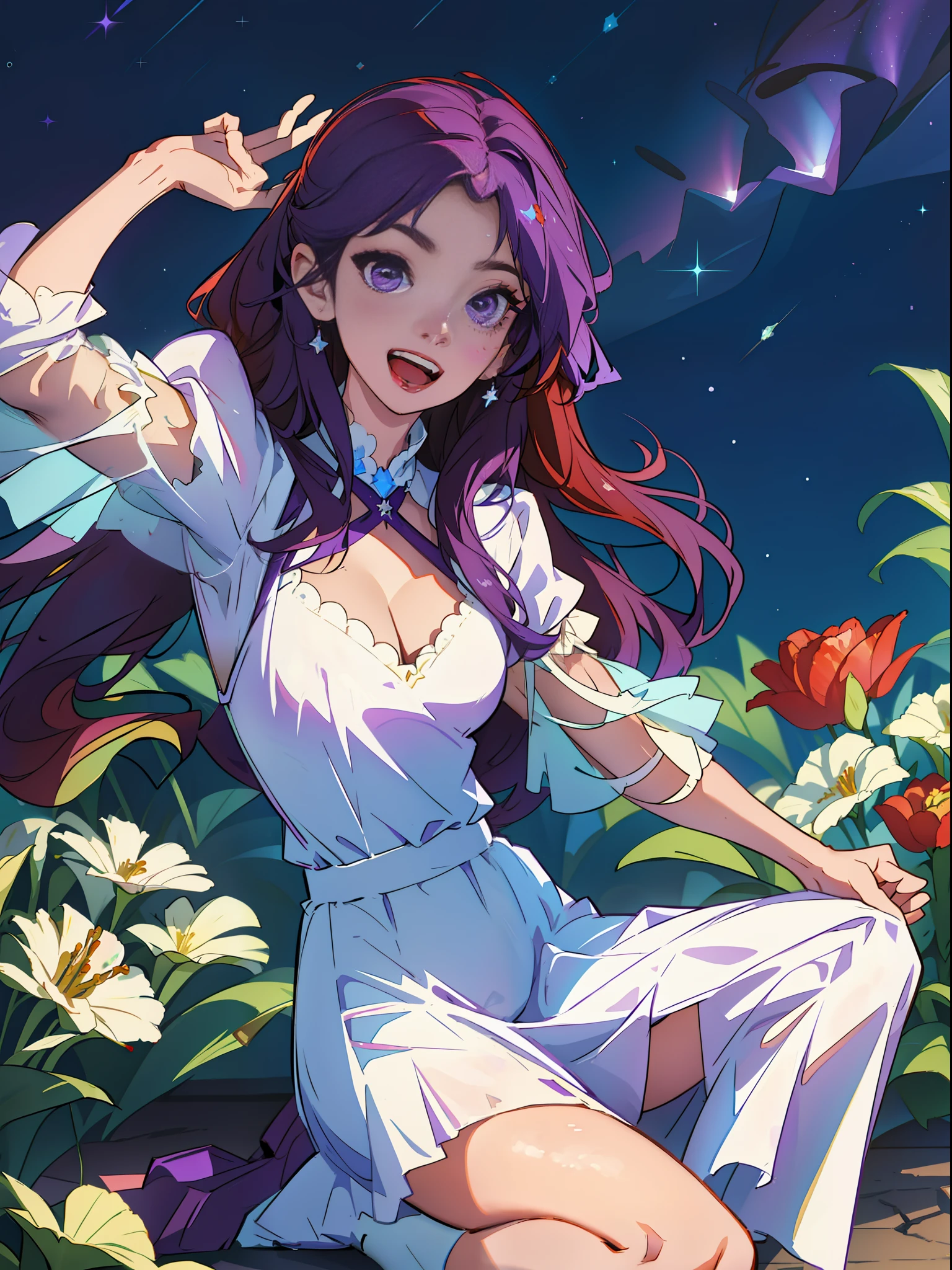 Best Quality: 1.3), (Masterpiece: 1.3), (Illustration: 1.3), (Ultra Detail: 1.3), (Imid Shot: 0.9), 1Girl, Solo, Very Young, Short Neck Kneeling, (Bubble: 1.2), Wet White Dress, (Sheer Skirt: 1.2), No Bra, Picture, Side, Underneath, Close-up, Flower Purple Eyes, Jewel-like Eyes, Very Fine Eyes, Very Fine Face, (Seductive Smile: 0.8), (Open Mouth: 0.3), Stars, Constellations, purple energy,