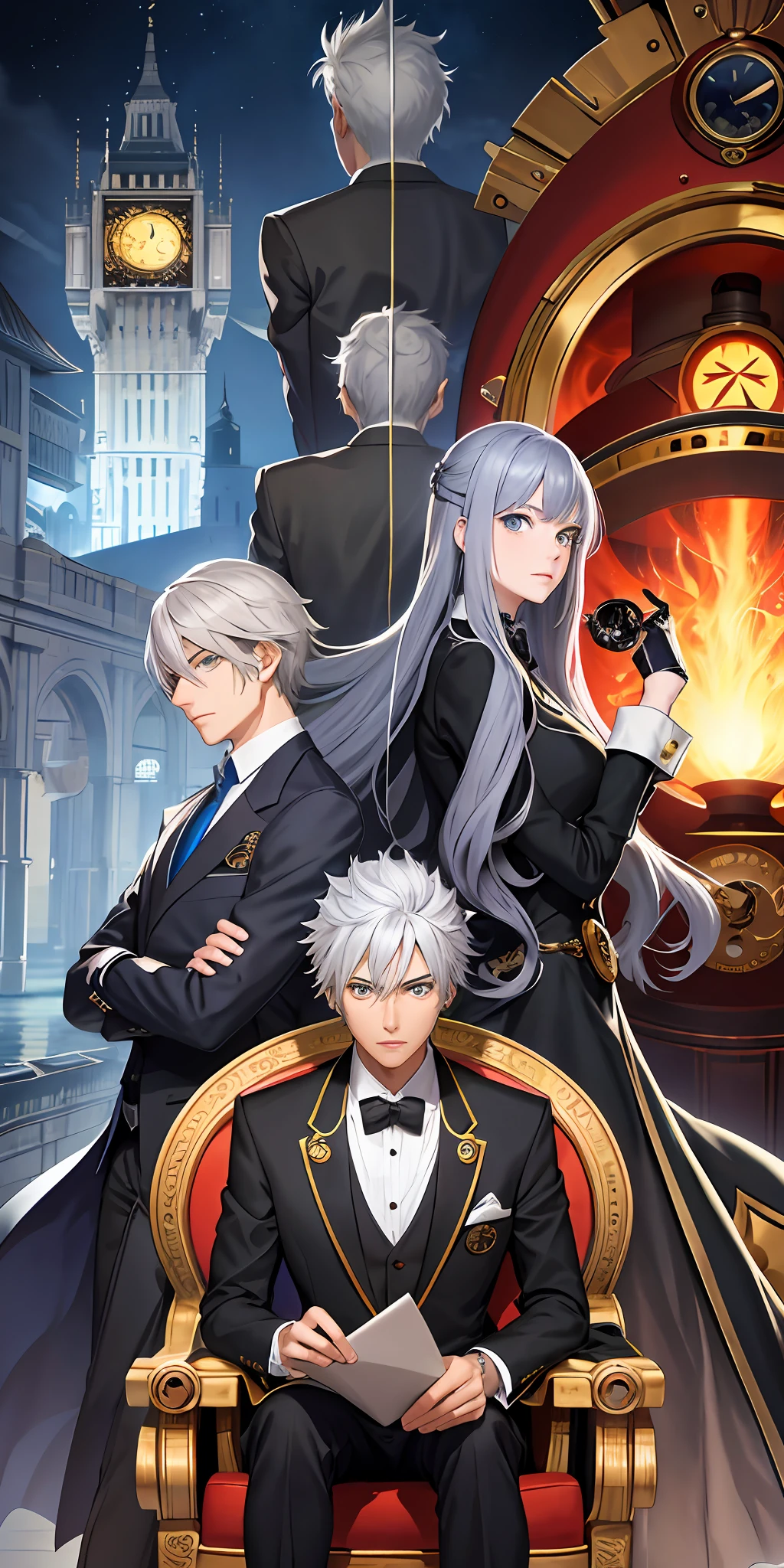 Anime clockwork wizard male in a tower wearing a suit, with grey hair, extreme quality, masterpiece