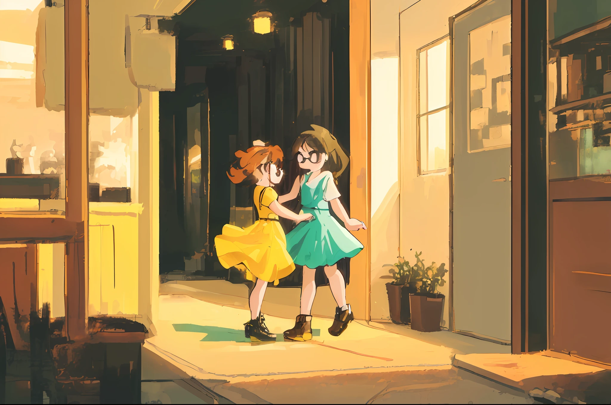 (8k wallpaper, masterpiece, best quality, ultra-detailed), (dynamic composition, dynamic pose).
(a girl with long brown hair, long brown hair: 1.2), (a girl with short black hair, short black hair: 1.2, with glasses), toddler, beautiful proportions.
Background: Solid color