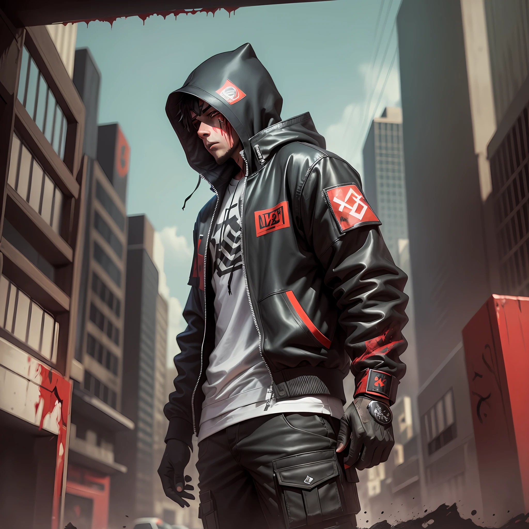 A shadowy character wearing streetwear is covered in blood after killing monsters to save their city.