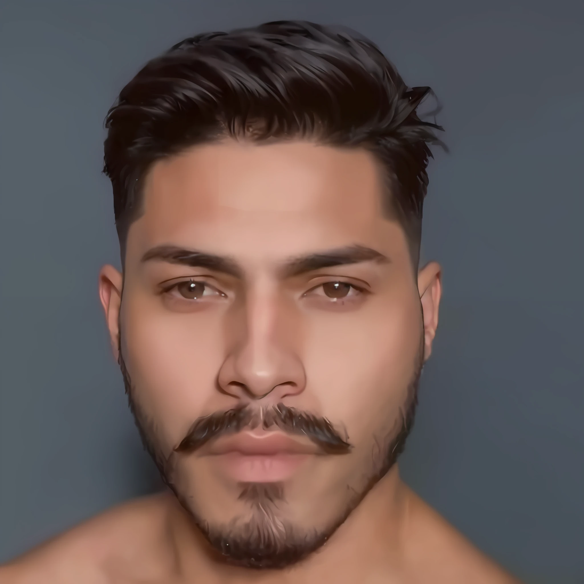 a close up of a man with a beard and a shirtless shirt, headshot profile picture, tony sandoval. 8 k realistic, frontal picture, mexican mustache, taken in the early 2020s, real detailed face, mexican, without beard and mustache, halfbody headshot, strong facial features, realistically rendered face, around 1 9 years old, christian orrillo