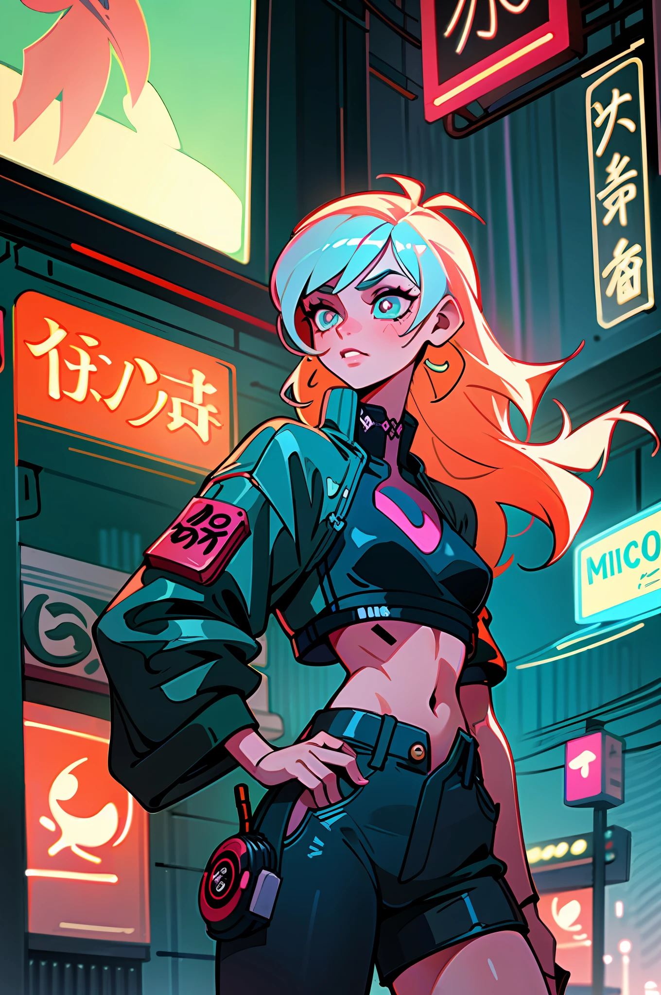 (best quality, masterpiece), 1girl, cyberpunk, neon, fog, (cartoon: 1.5), sexy, thong, big chest, tight, small, small, neon signs, ramen shop, crop top, fishnet very low, transparent, very long hair