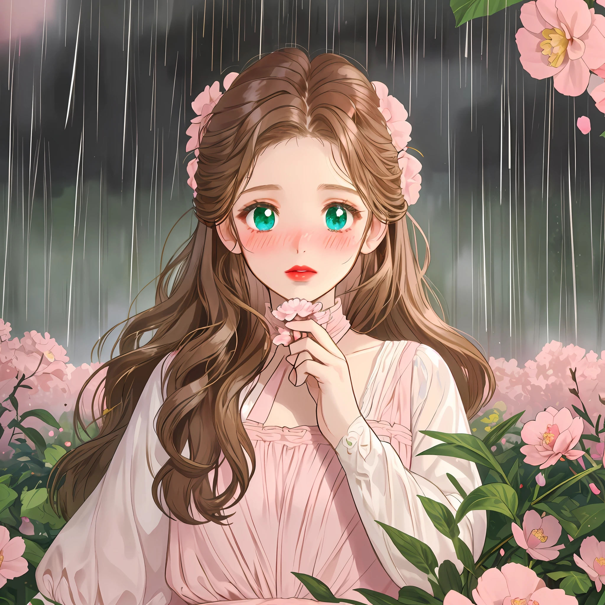 brown-haired girl holding sweetly, holding a white flower, blue eyes, shy look, red lips, blushing, pink flower garden in the background, rain scene, sunlights, emerald green eyes,