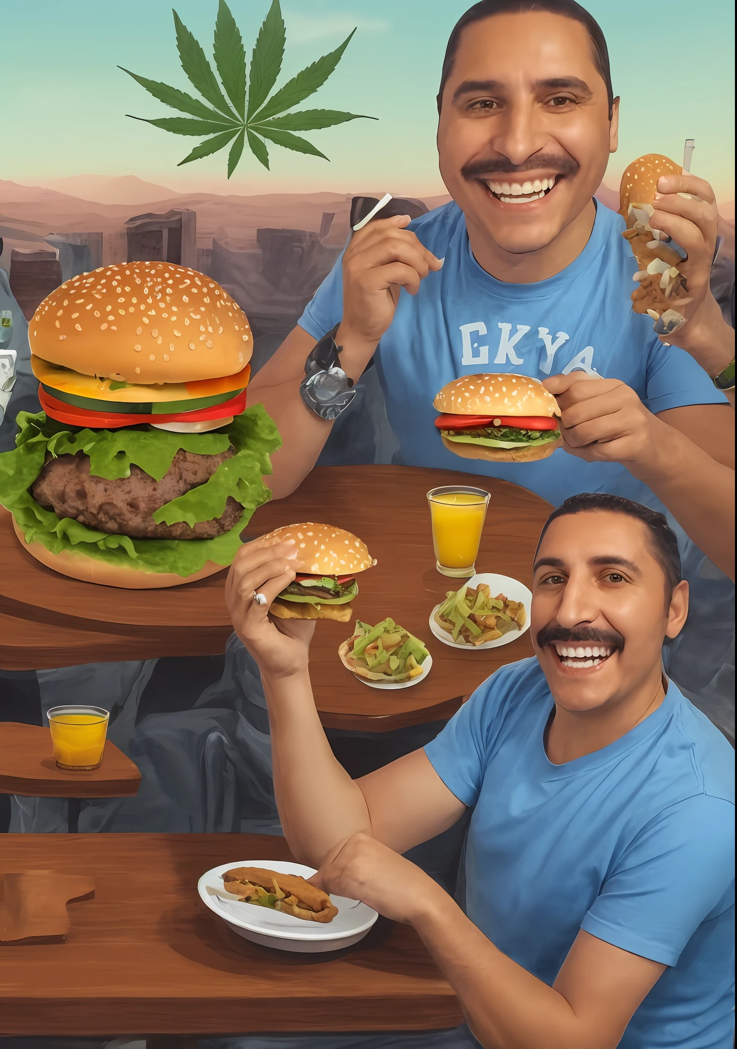 3D drawing of a funny Mexican man sitting at a table with a marijuana burger in his hand as he smokes a joint and gets high. In the sky, it's raining marijuana. (marijuana, smoking, sky, table, funny cartoon man)