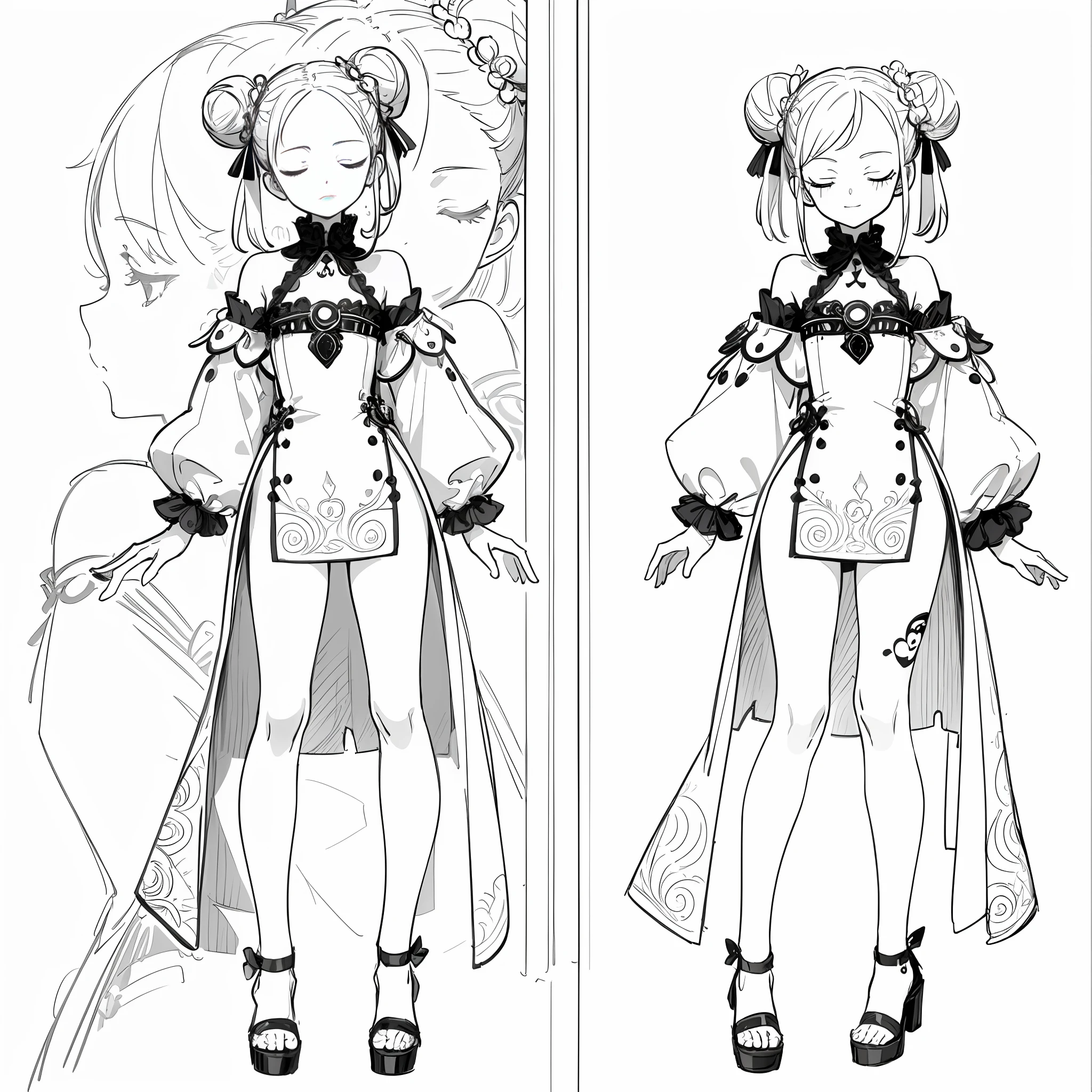 (masterpiece, best quality) detailed, girl, drawing reference, reference, lineart, sketch, one piece dress, side slit, small chest, hips, (half-closed eyes), double bun hair, leg tattoo, parted bangs