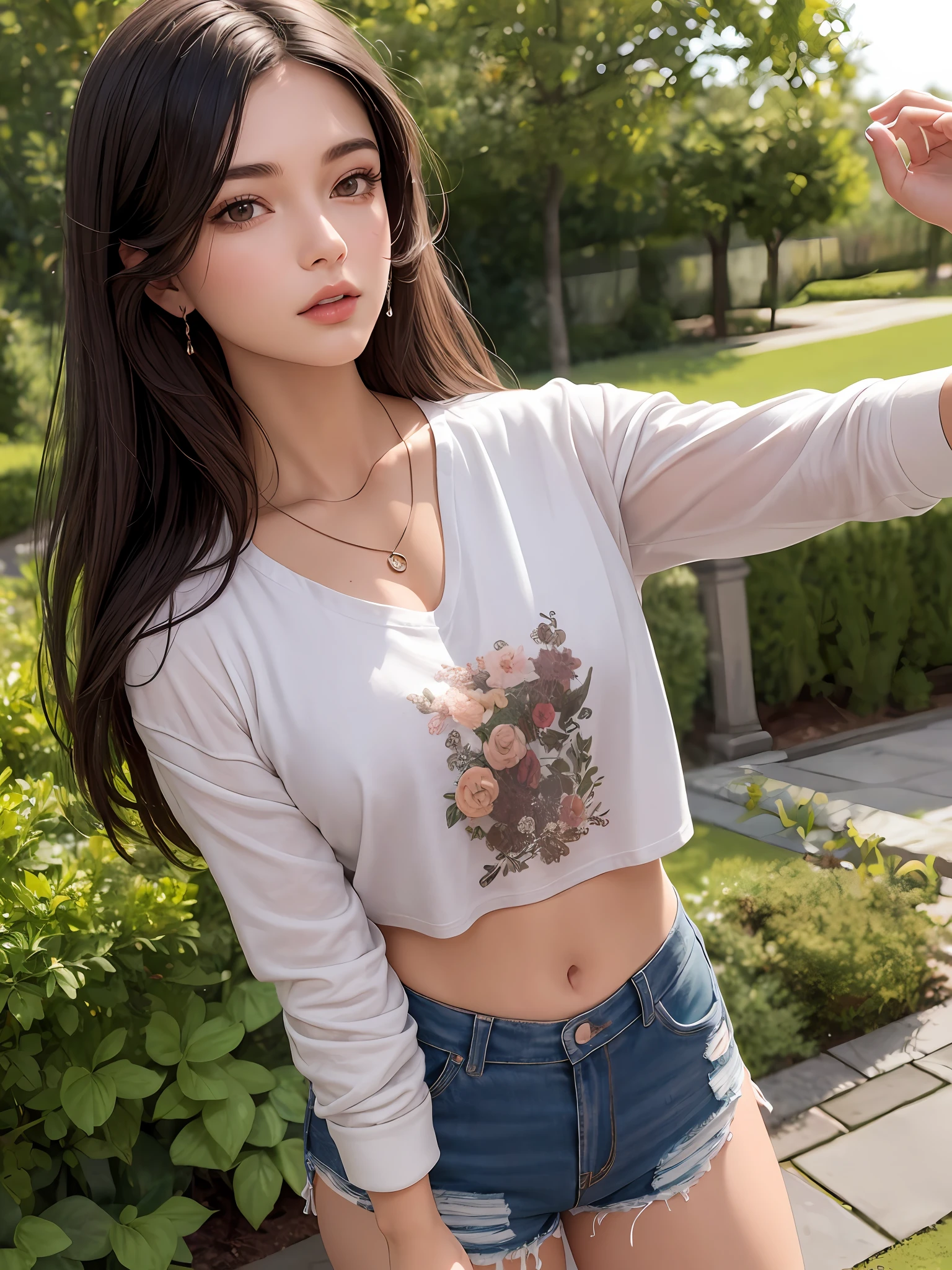 Best Quality, 8K, Masterpiece: 1.3, A Beautiful Figure: 1.4, Dark Brown Hair, Medium, Wearing a Pendant, Stretching in the Garden in a Henry Shirt and Ripped Shorts, Highly Detailed Facial Skin, Detailed Eyes and Double Eyelids.