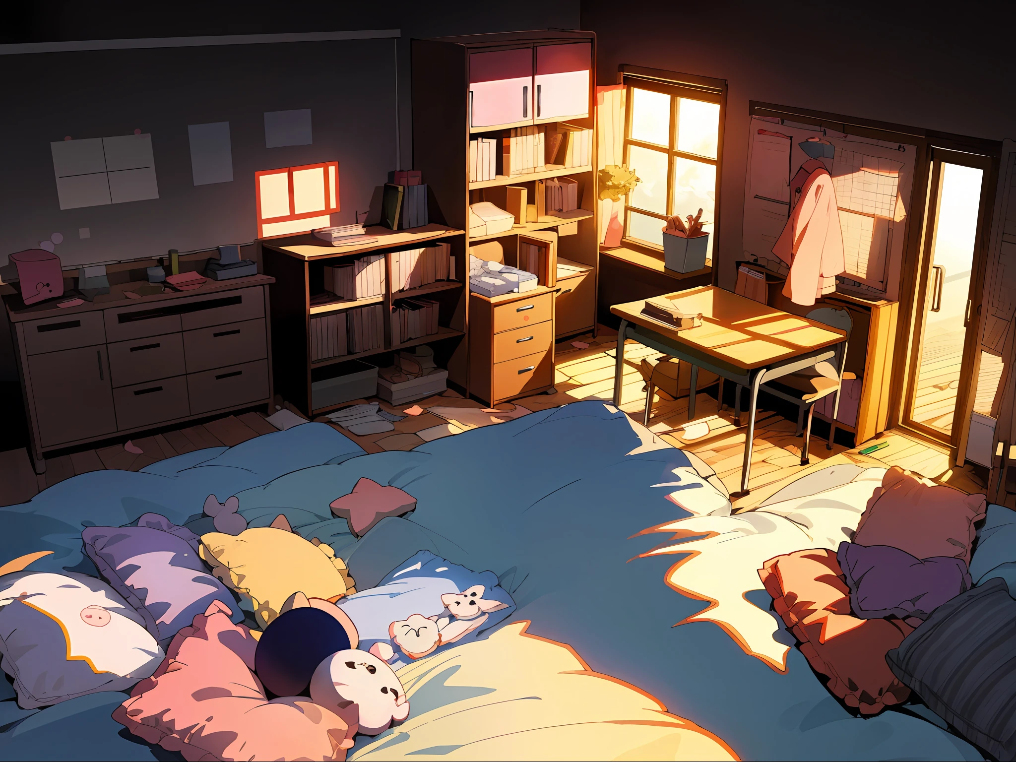2D game style coloring page, (shoujo manual: 1.3) classroom, messy bedroom, line art Behance HD image, beautiful shadows, dusk light, pajamas, hair color black, nightcap, pillow, toy, full page illustration.