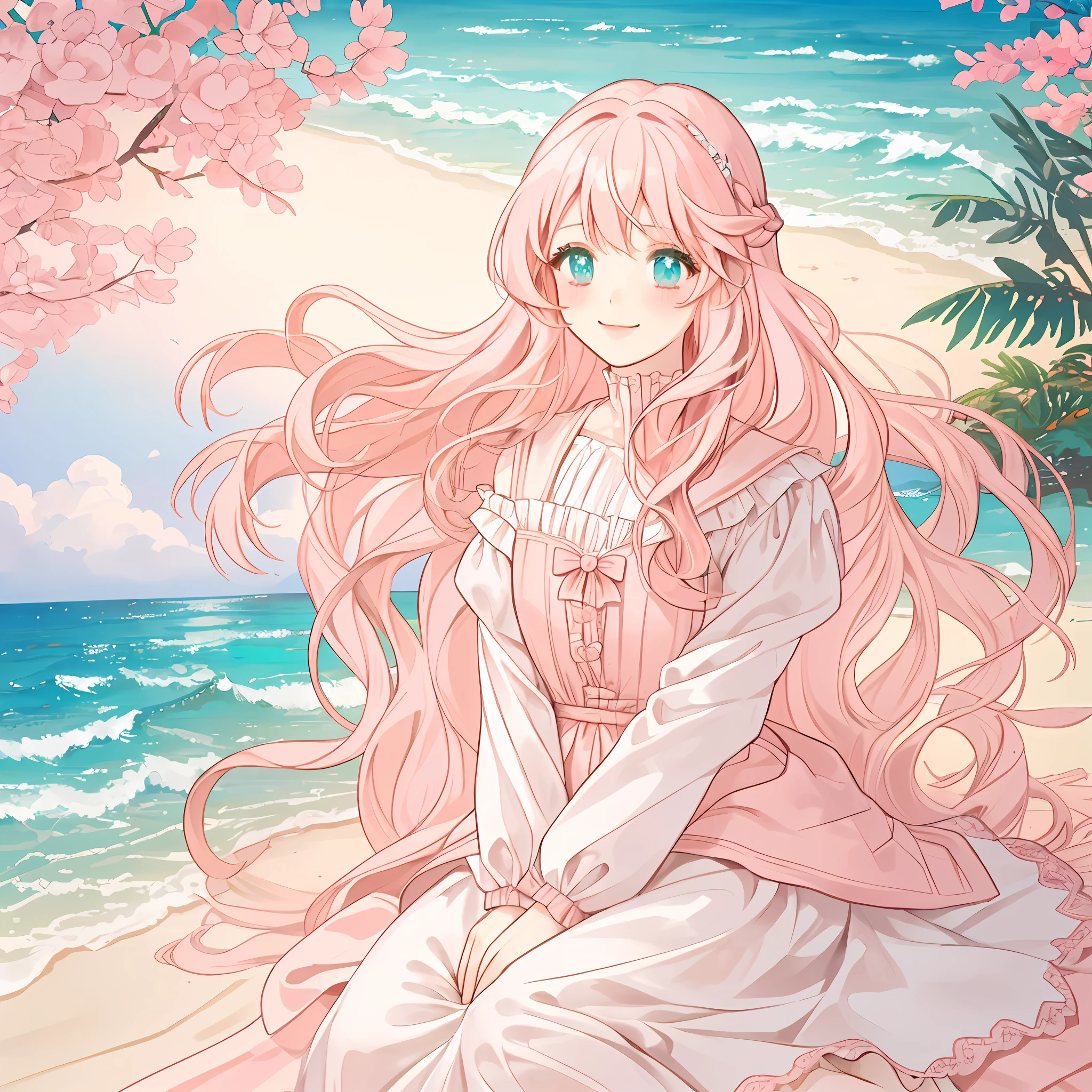 wavy long hair, light pink hair, 1girl, colorful, portrait, sitting on the seashore, sea scenery, white beach dress, wind, peach eyes, shy smile,