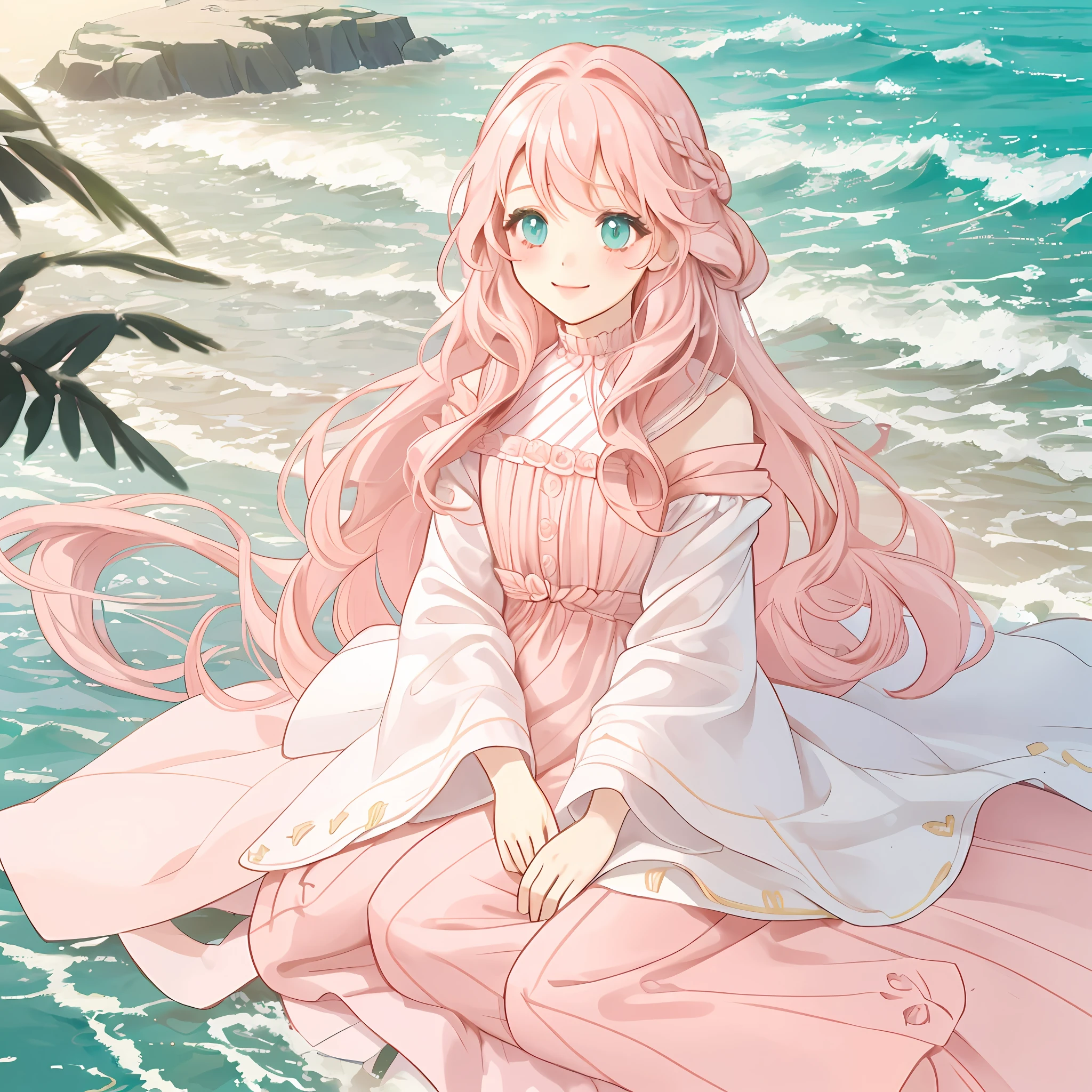 wavy long hair, light pink hair, 1girl, colorful, portrait, sitting on the seashore, sea scenery, white beach dress, wind, peach eyes, shy smile,