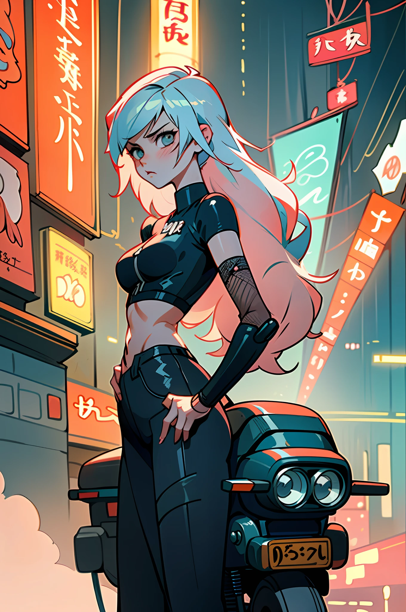 (meilleure qualité, chef-d’œuvre), 1girl, on a motorcycle, cyberpunk, néon, fog, (dessin animé:1.5), sexy, string, big breast, tight, petite, small, neon signs, ramen shop, crop top, fish net, really low waist, transparent, very long hair