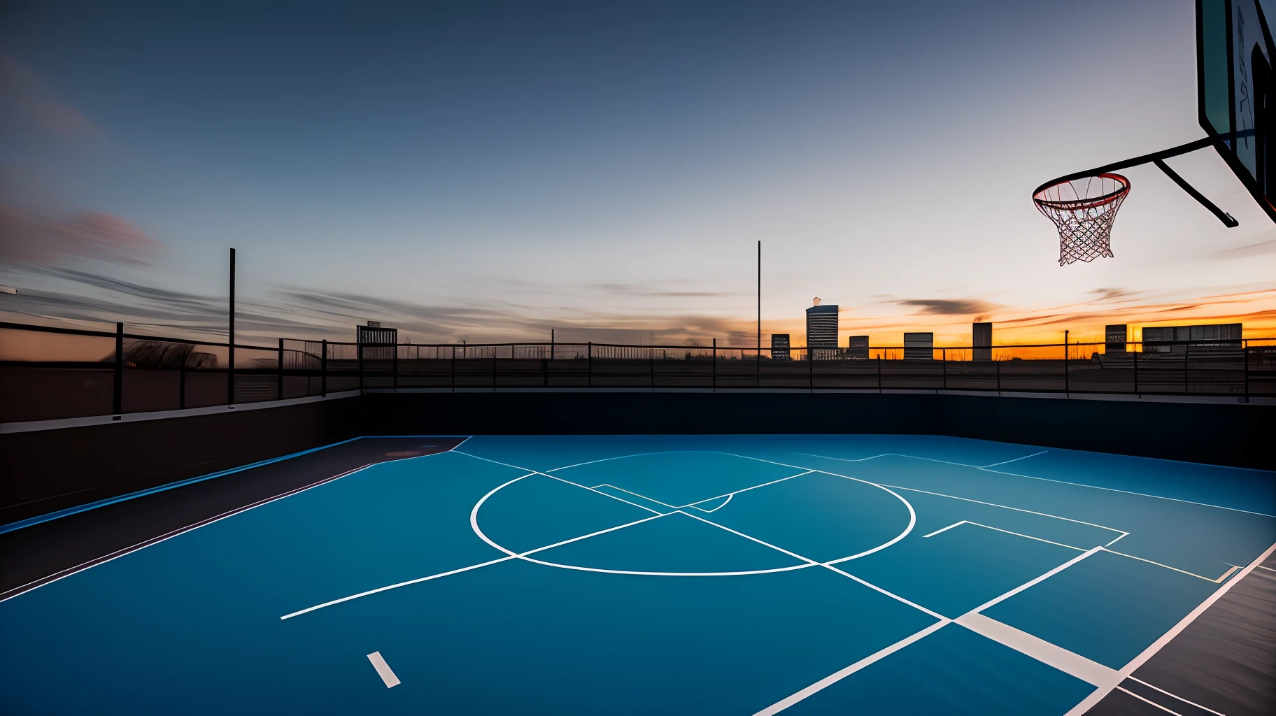 rooftop basketball court, RAW photo, UHD, depth of field,  masterpiece, best quality, 16k, 8k
