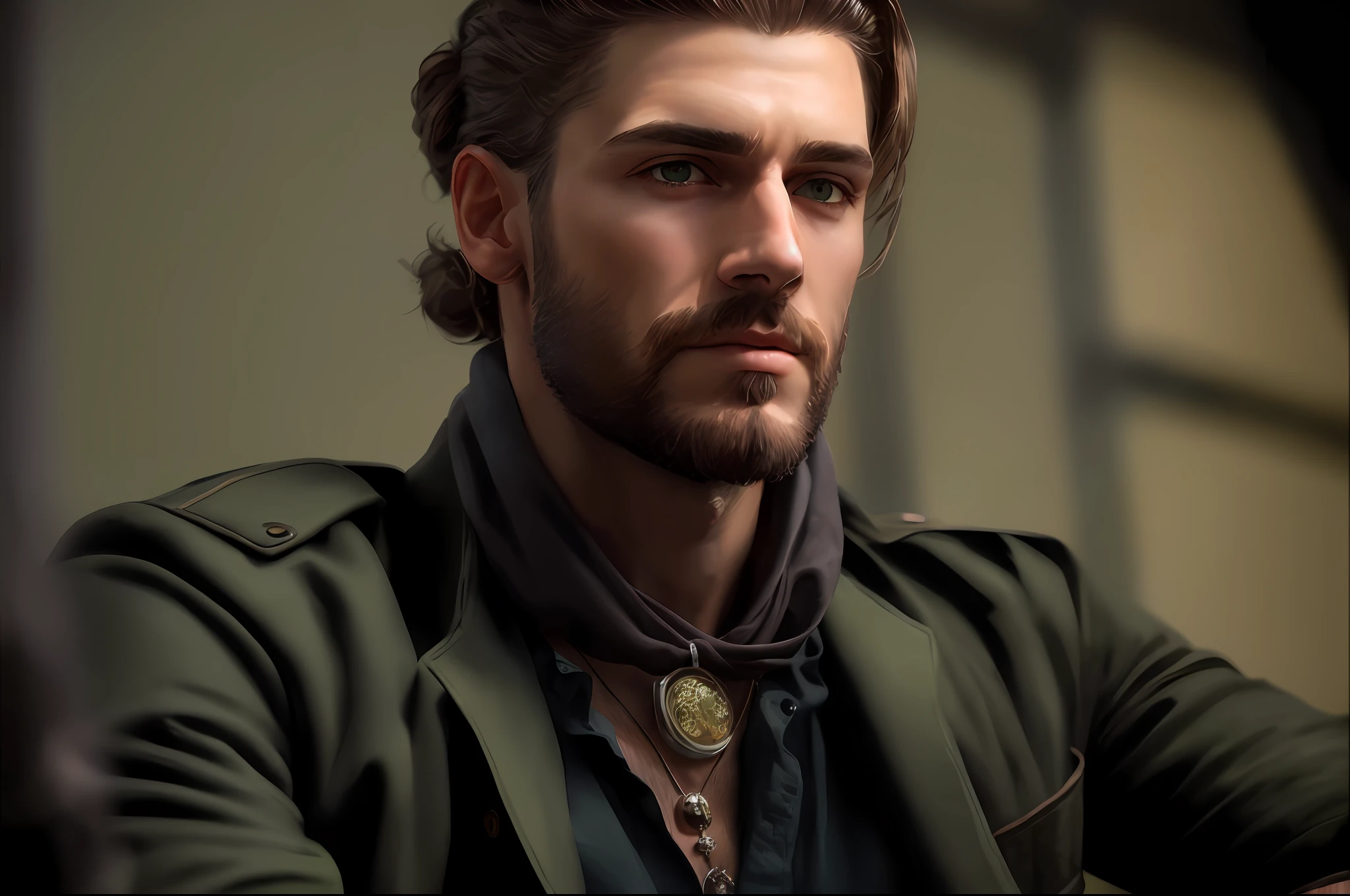 tall, muscular man, brown hair tied back, light eyes, square face, sexy look, wearing baggy clothes, casual, green coat, blouse, necklaces on his neck, beard on his chin he is standing in a forest, ultra realistic image, 8k uhd, dslr, soft_lighting, best_quality, Fujifilm_XT3, high_resolution, photographed in a Canon EOS R5,  F/2.8, HDR, ray tracing, bloom, ambient_oscillation, godrays, sun flare,masterpiece, best quality, intricate, tone map, high detail, artstation, concept art, smooth, sharp focus, realism (highly detailed background: 1.0)