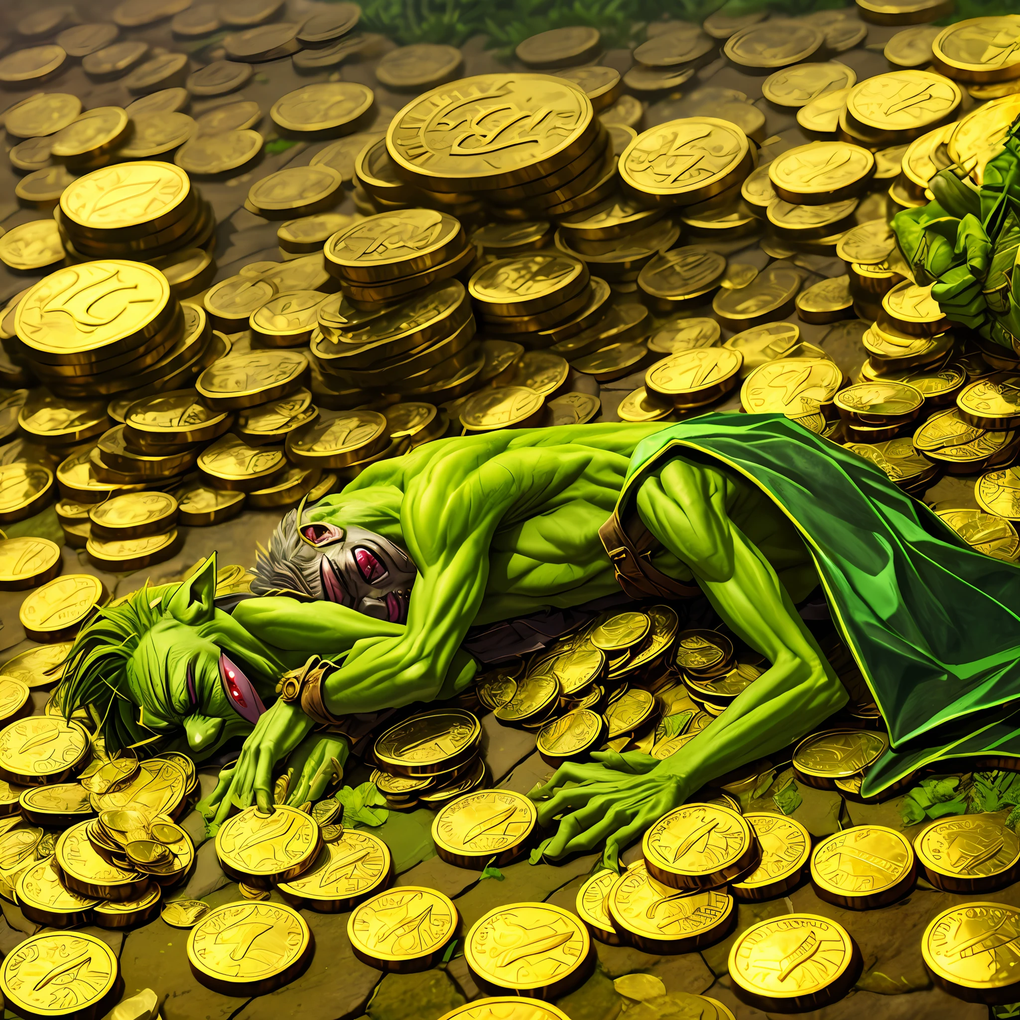 A green goblin, goblin, lying on the ground, pile of gold coins, sleeping