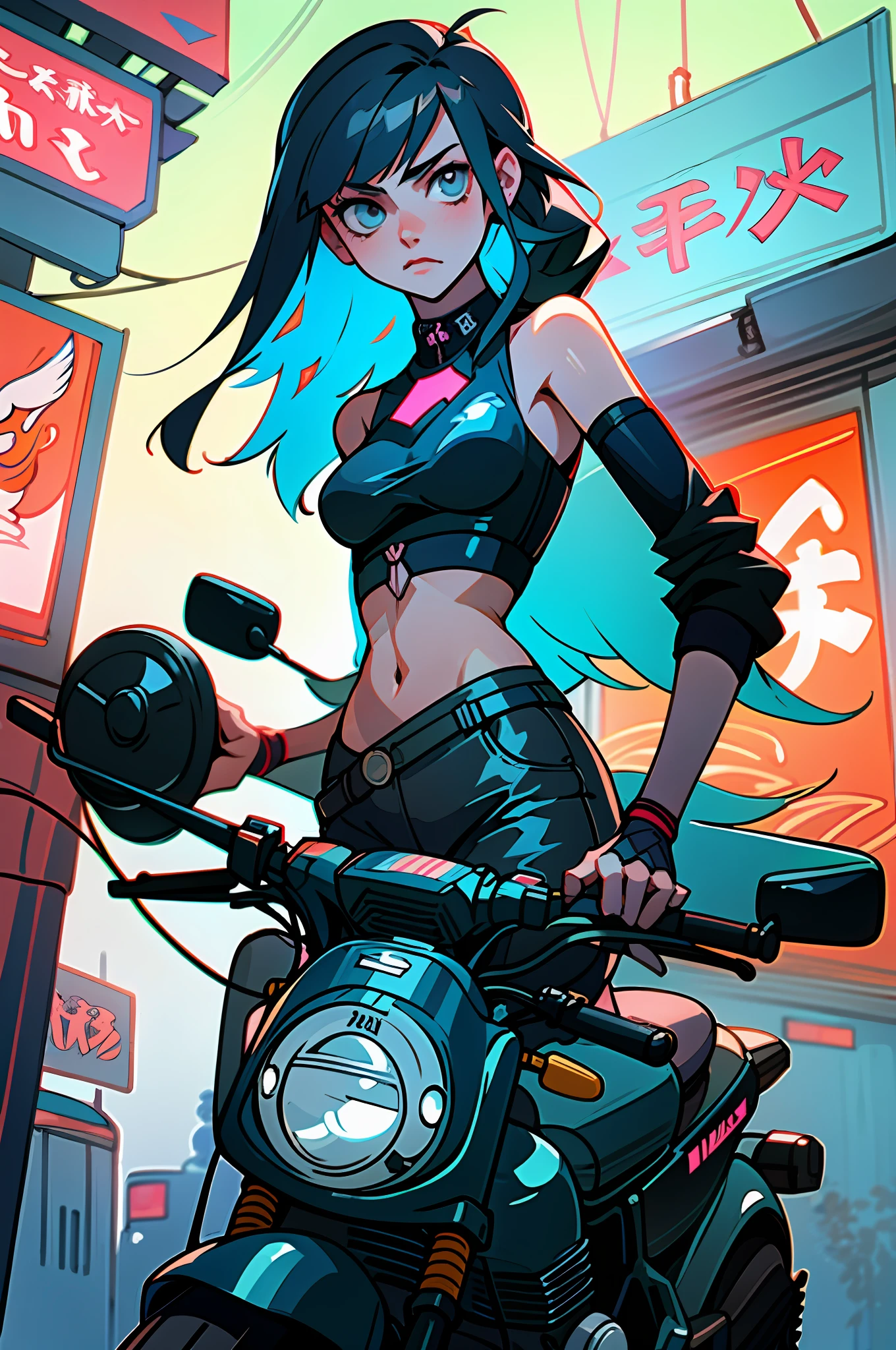 (meilleure qualité, chef-d’œuvre), 1girl, on a motorcycle, cyberpunk, néon, fog, (dessin animé:1.5), sexy, string, big breast, tight, petite, small, neon signs, ramen shop, crop top, fish net, really low waist, transparent, very long hair