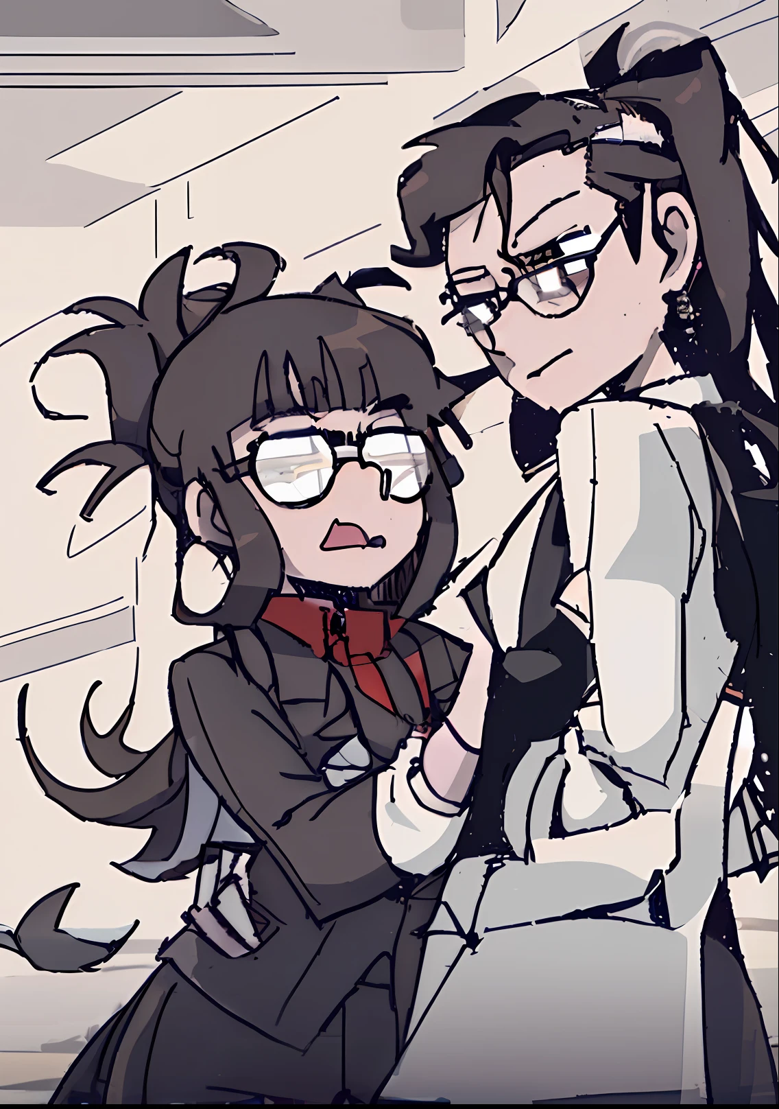 (8k wallpapers, masterpieces, best quality, ultra-detailed), (dynamic composition, dynamic poses, ballroom dancing).
(a girl with long brown hair, long brown hair: 1.2), (a girl with short black hair, short black hair: 1.2, with glasses), toddler, beautiful proportions.
Background: Solid color