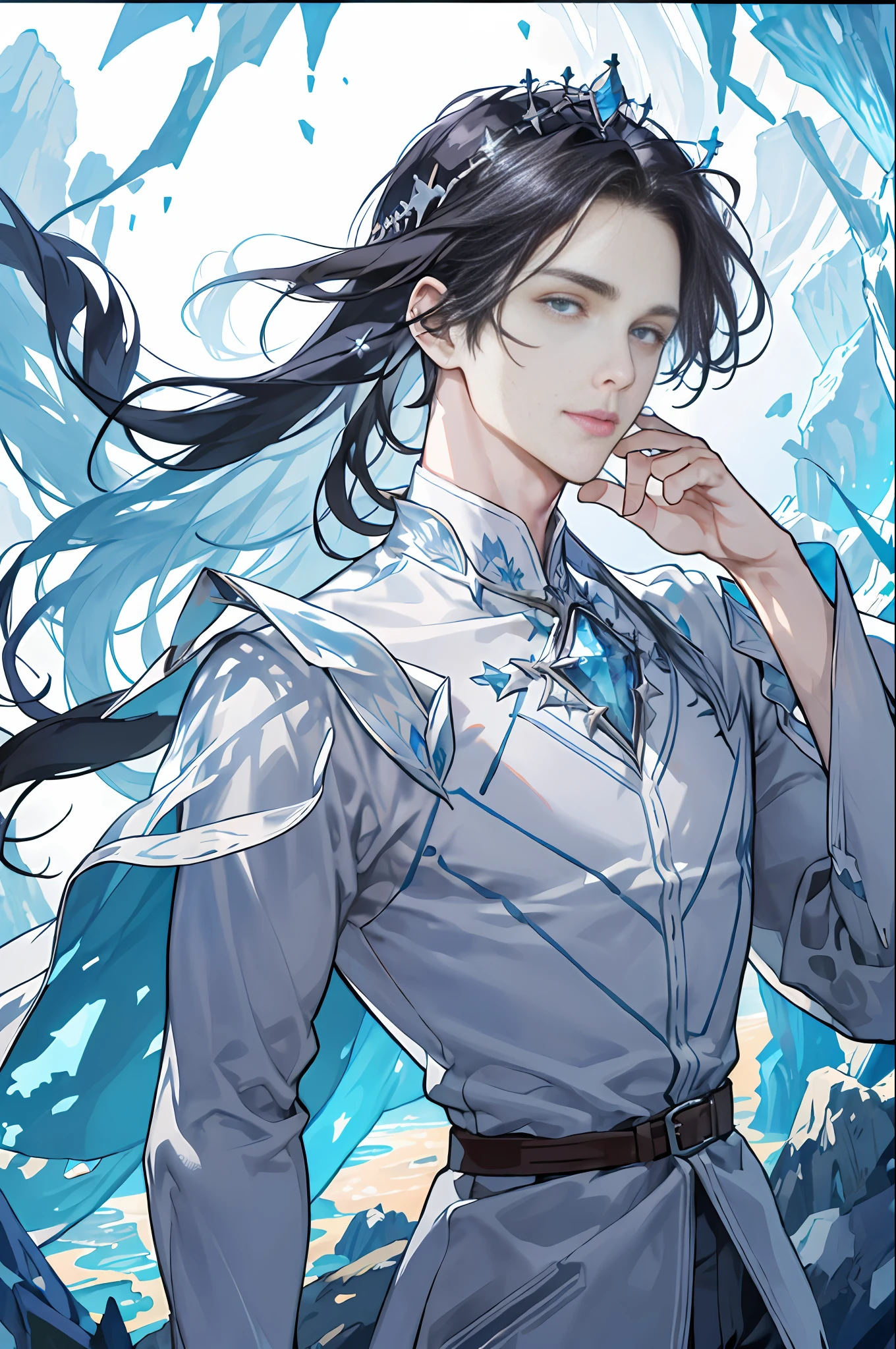 (ridiculous, high resolution, super detailed), 1man, (mature male: 1.4), russet hair, coral eyes, long sleeves, delicate eyes and delicate face, extremely detailed CG unity 8k wallpaper, intricate details, (style-swirlmagic:1.0), looking at viewer, solo, upper body, detailed background, close up, detailed face, (gothic dark ages theme:1.1), crystal sorcerer, dynamic pose, earth themed clothes, crystal crown, floating in the air, glowing magic fragments, surrounded by blue magic crystals, rock formations, stalactites, magic floating particles, crystal glass, crystal ball, crystal canyon background, (shallow water: 0.7), epic ethereal atmosphere, updraft, portrait