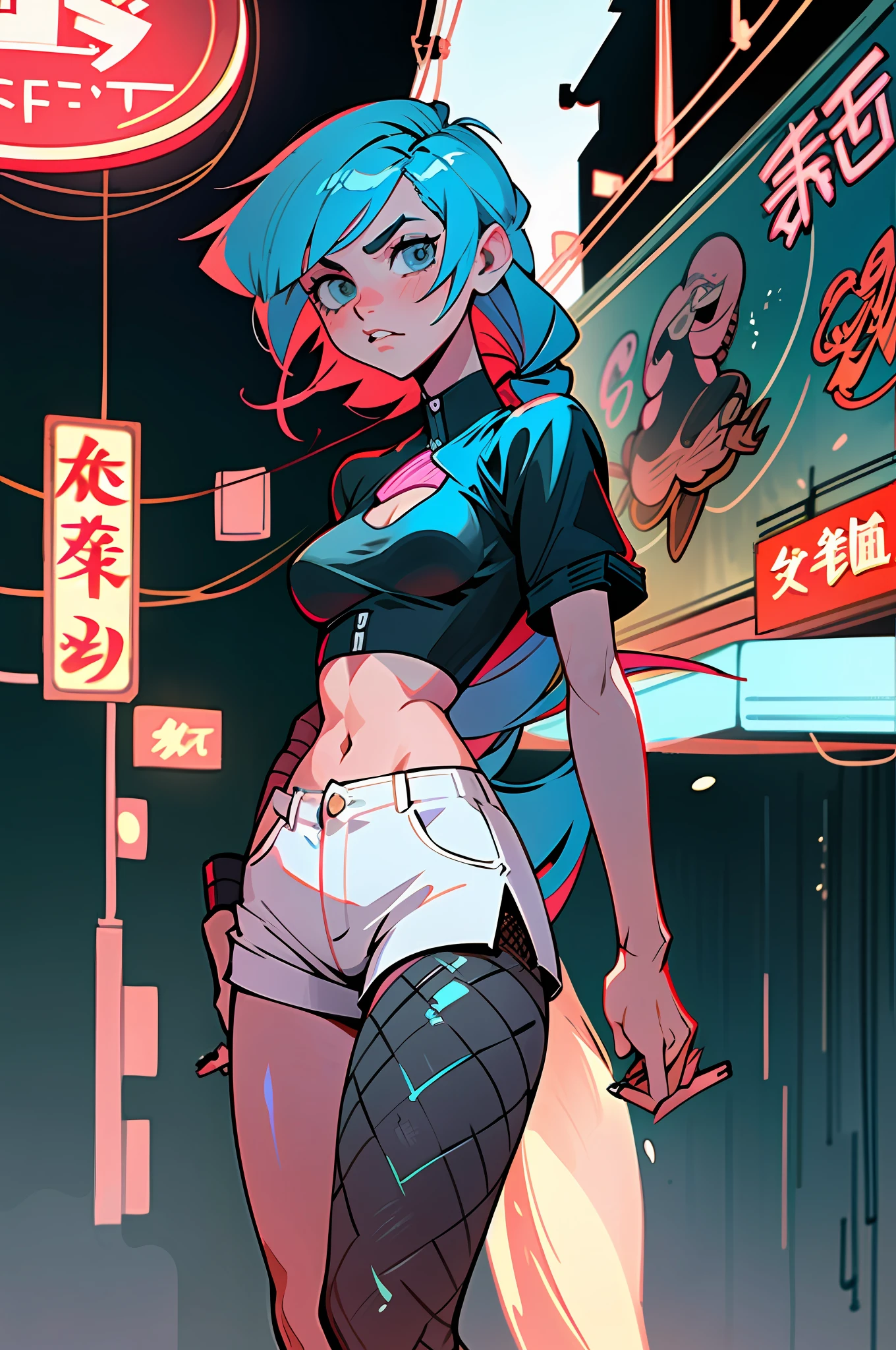 (meilleure qualité, chef-d’œuvre), 1girl, on a motorcycle,  cyberpunk, néon, fog, (dessin animé:1.5), sexy, string, big breast, tight, petite, small, neon signs, ramen shop, crop top, fish net, really low waist, transparent, very long hair