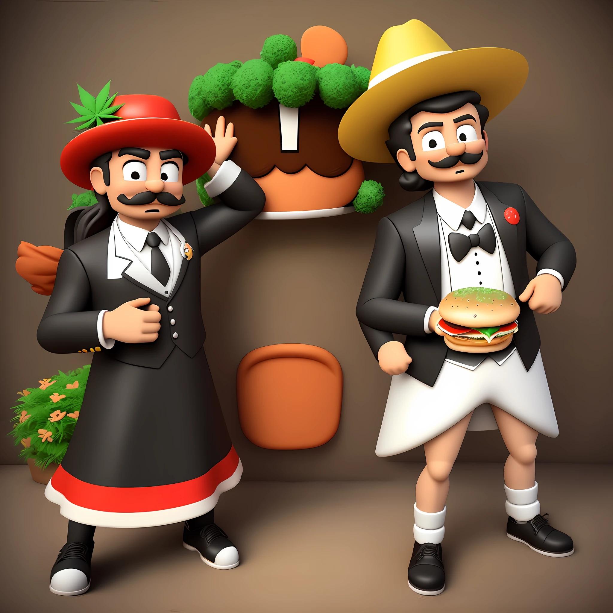 3d cartoon burger with mexican hat, tuxedo weed, in shop weed, high quality