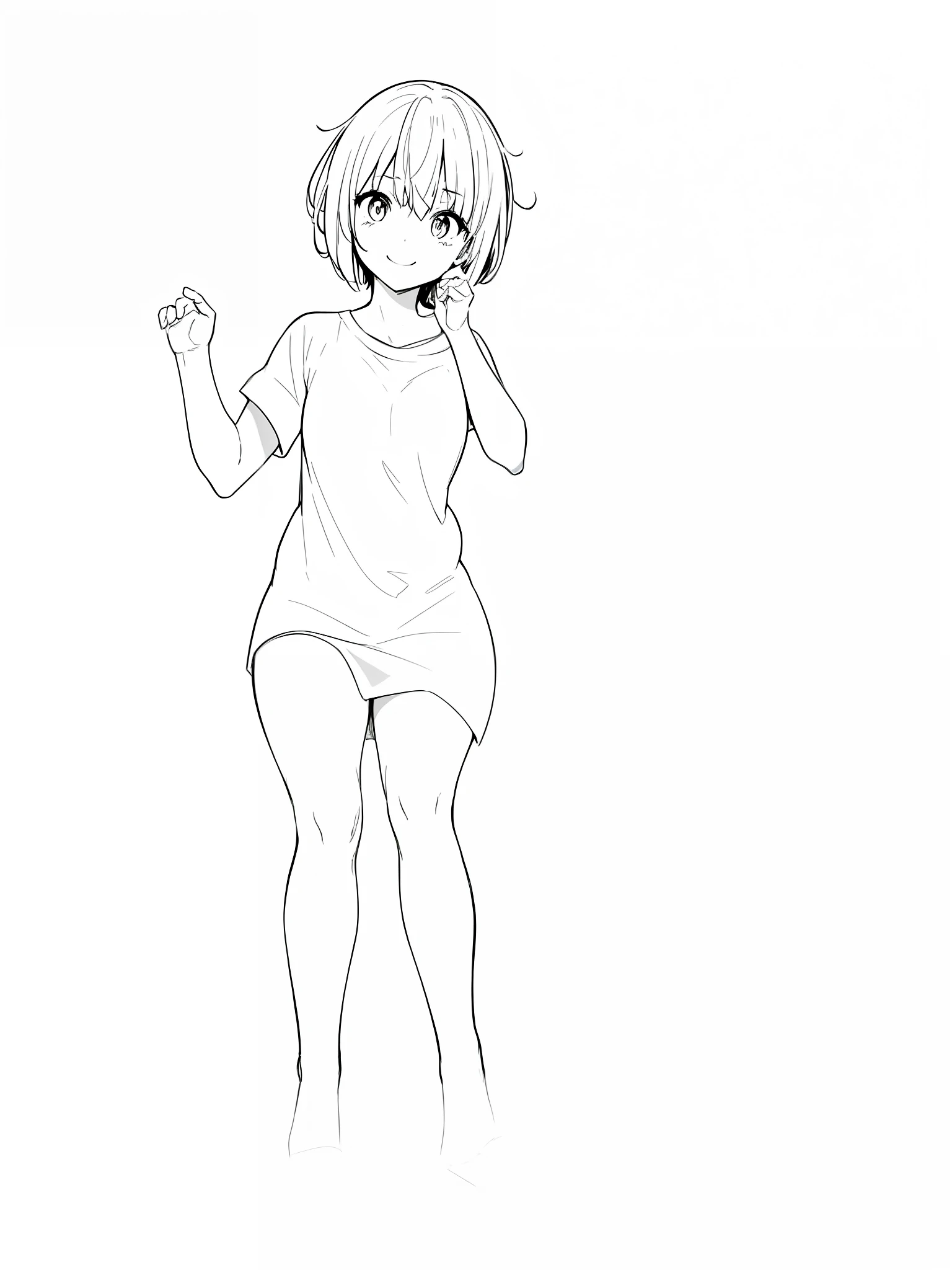 drawing of a girl in a short skirt and a shirt, clean anime outlines, anime pose, line sketch!!, pose(arms up + happy), pudica pose gesture, full body portrait of a short!, various pose, outline sketch, thick outline, thick lineart, casual pose, distorted pose, simple lineart, full body!! dynamic pose