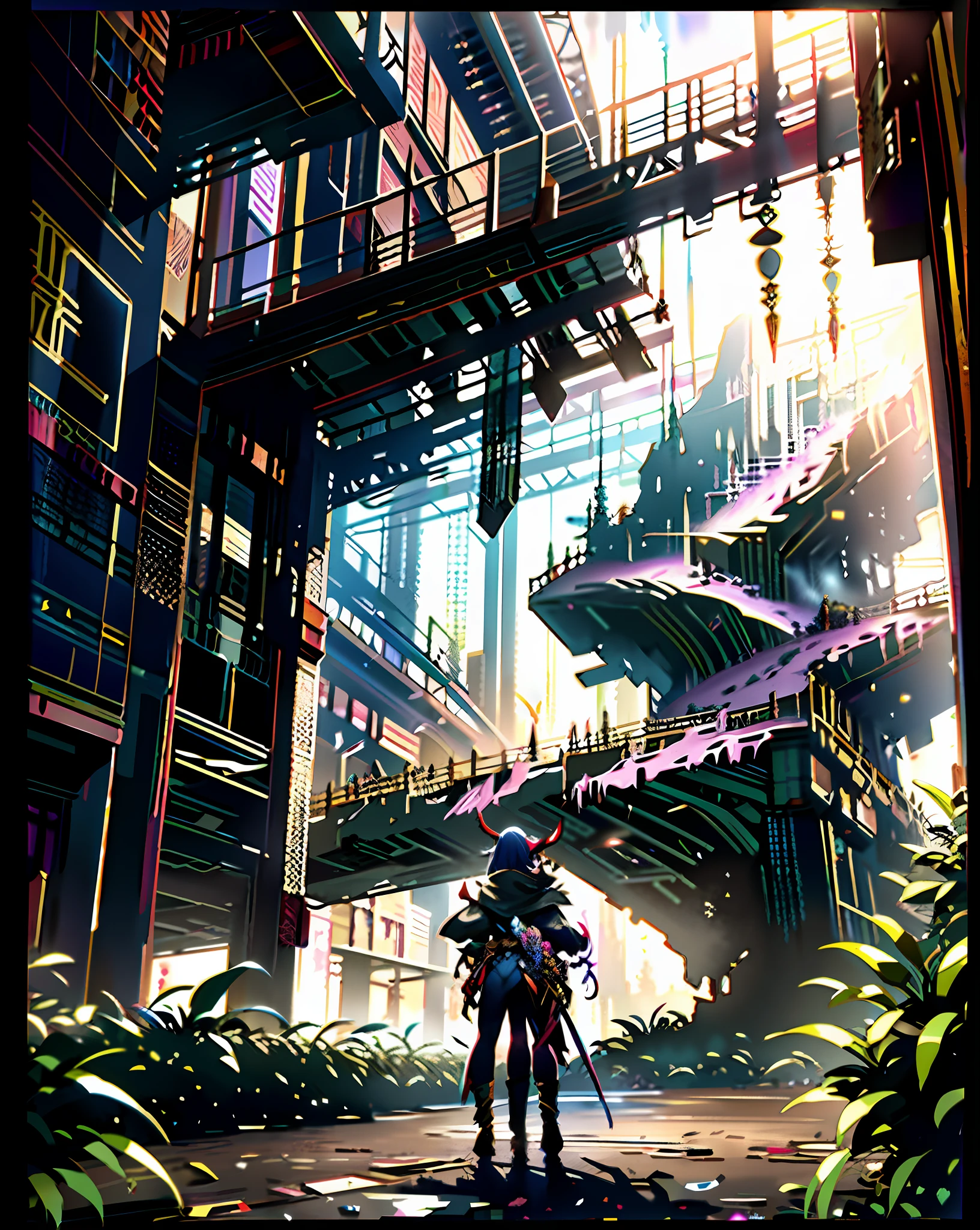 a fantasy landscape scene from a dnd lore book of several characters interacting in a massive busy market place, with great massive grand fortress in the background ,fantasy, high contrast, ink strokes, explosions, over exposure, purple and red tone impression , abstract, ((watercolor painting by John Berkey and Jeremy Mann )) brush strokes, negative space,