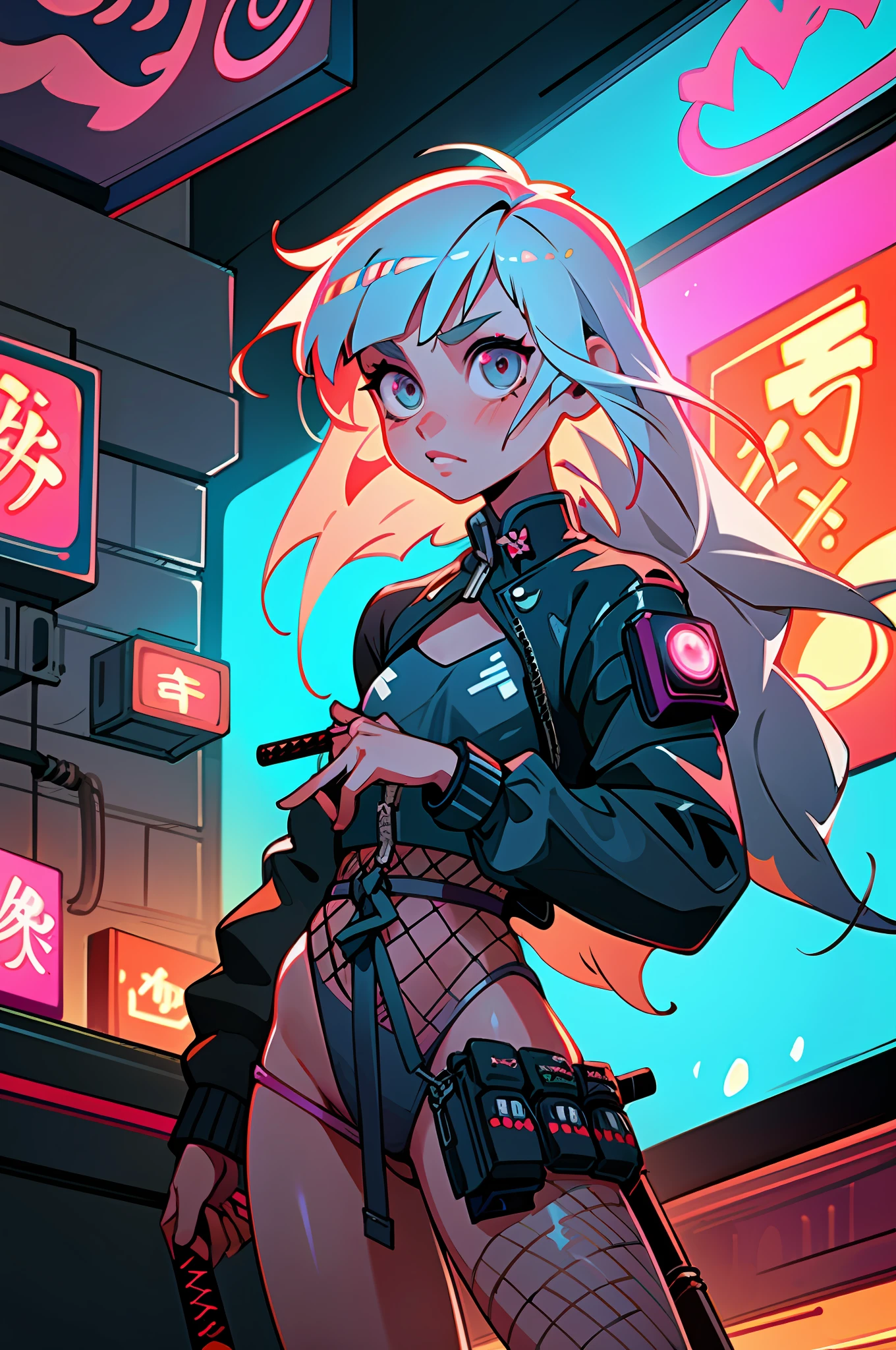 (best quality, masterpiece), 1girl, holo jacket, cyberpunk, neon, fog, (cartoon: 1.5), sexy, thong, big chest, tight, small, small, neon signs, ramen shop, fishnet very low, transparent, very long hair, sword, katana