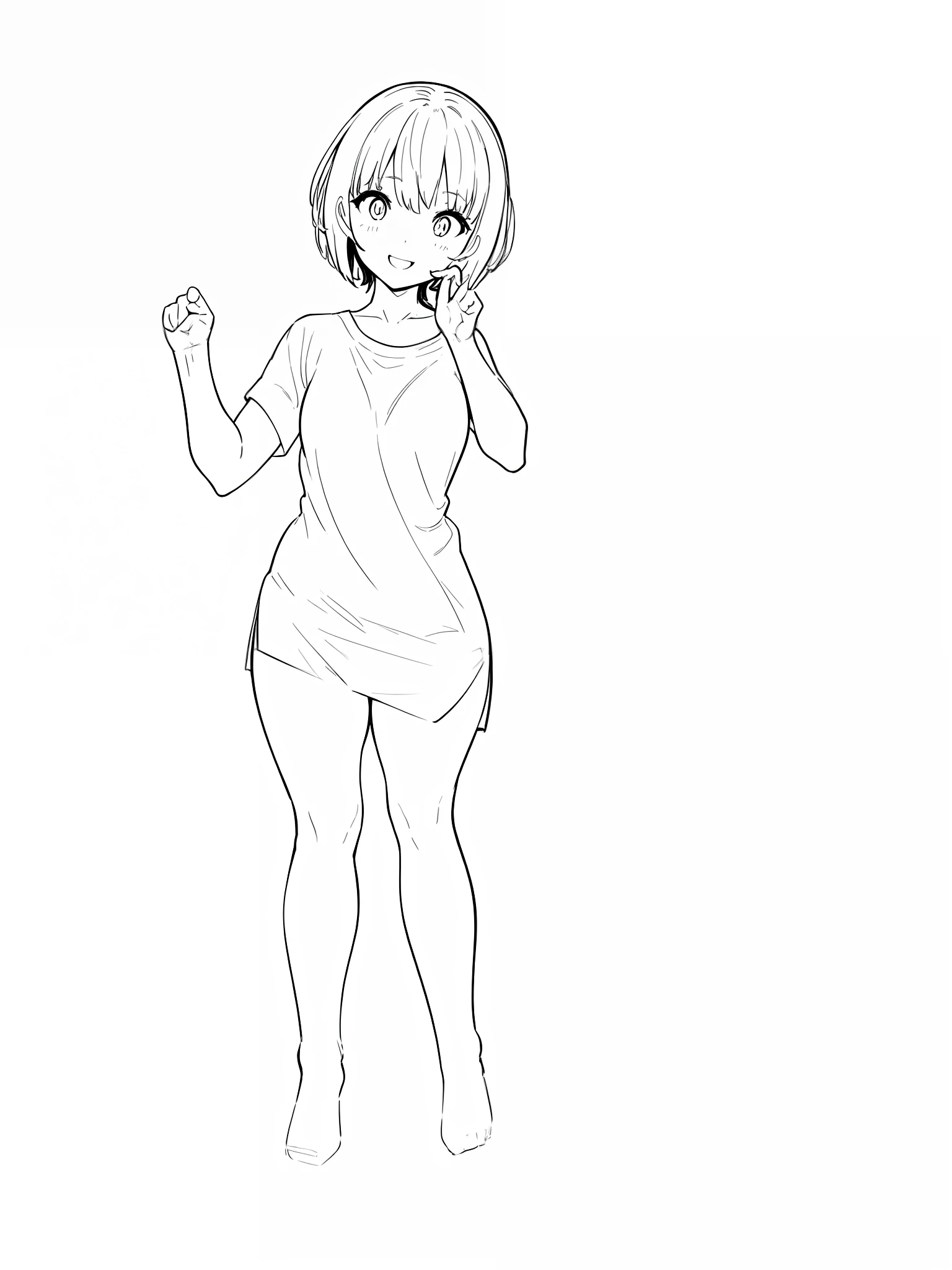 drawing of a girl in a short skirt and a shirt, clean anime outlines, anime pose, line sketch!!, pose(arms up + happy), pudica pose gesture, full body portrait of a short!, various pose, outline sketch, thick outline, thick lineart, casual pose, distorted pose, simple lineart, full body!! dynamic pose