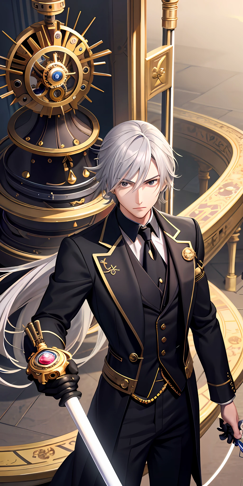 Anime clockwork wizard male in a tower wearing a suit, with grey hair, holding a cane, extreme quality, masterpiece