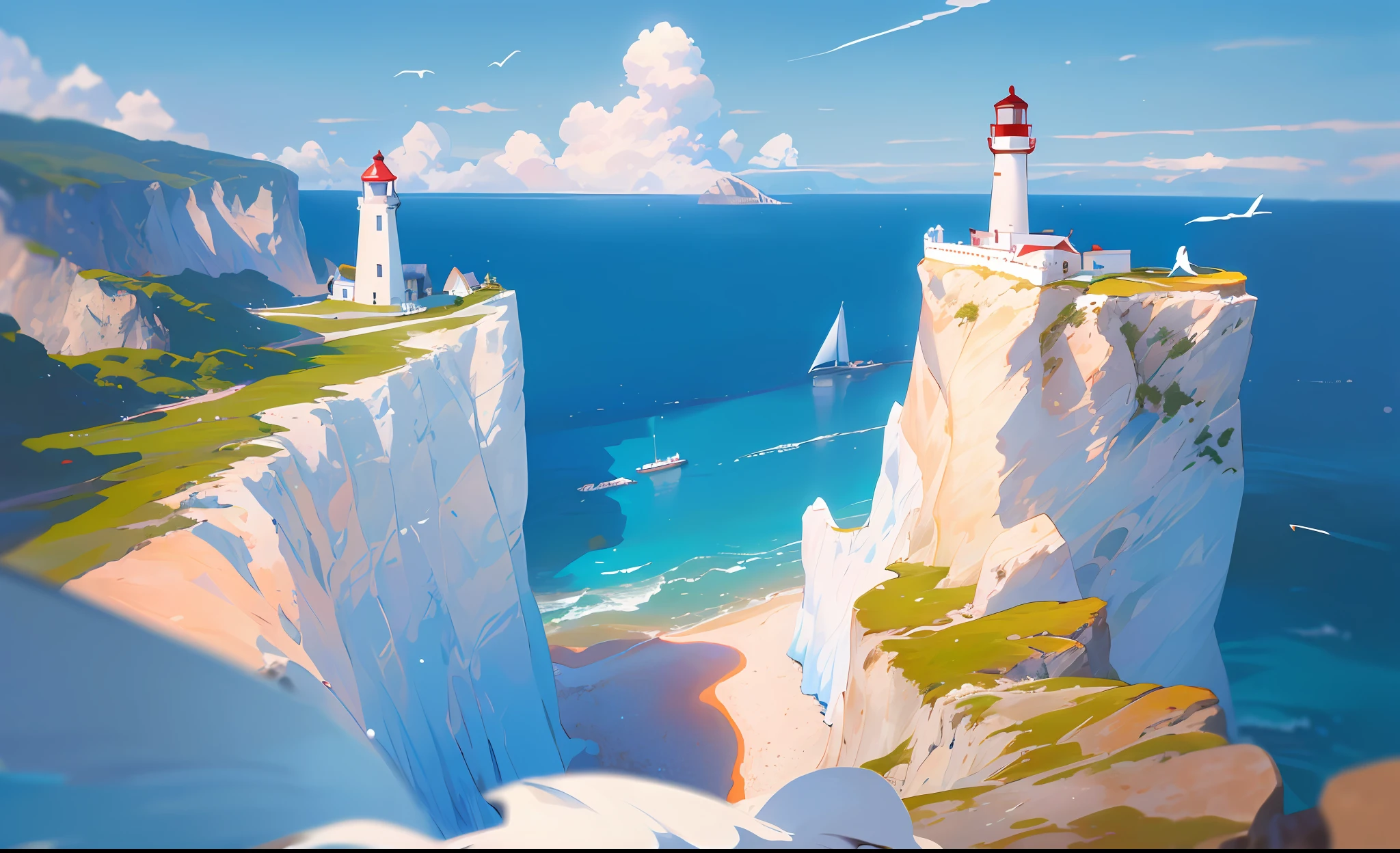 (masterpiece, best quality: 1.1), wide angle, from below, (white cliff), mountain, blue ocean, low tide, waves, rocky beach, trajectory, seagull, horizon, breeze, summer, morning, clear sky, clouds, calm, fresh air, sailboat, lighthouse, depth of field