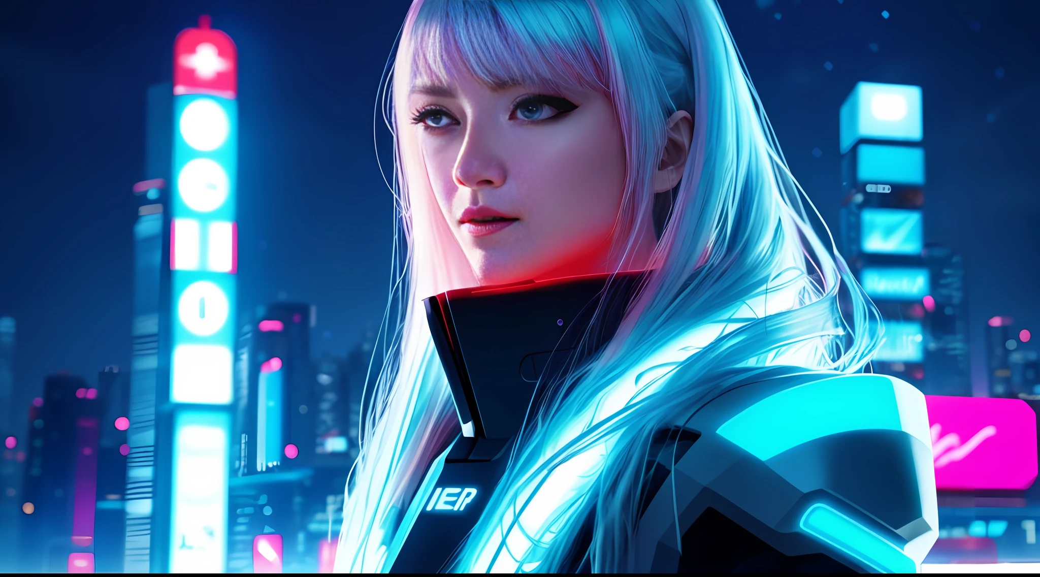 daylight, sunlight, cyberpunk, white light on face, bright face, red, blue neon light, female, asian female, cyber long dress neon light, formal long dress neon light, neon city in the background, white light on face, light blue spot light on face, keep face, ruffled hair, in future city, future world, excited, digital hanoi the background, fire, ice