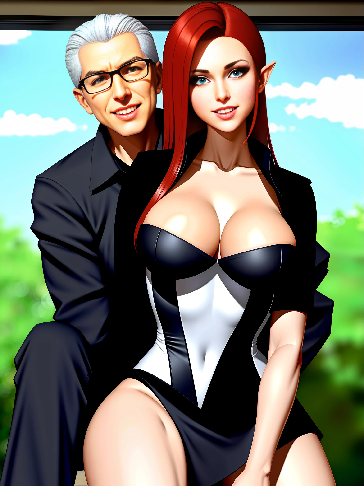 (Full body image: 1.0), completely packed bus with several men around Princess Zelda in Ultraman costume, squeezing her body, furry old man with bearded 90-year-old glasses holding her from behind. She has huge breasts, red hair in the wind, light green eyes, her look has a black shirt with white shot and white corset. They are around her to cover up the old man's actions. She's happy giving a beautiful smile and showing off. Anime style, (16k:1.5), (highly detailed), (maximum quality), (maximum resolution), sharp focus.