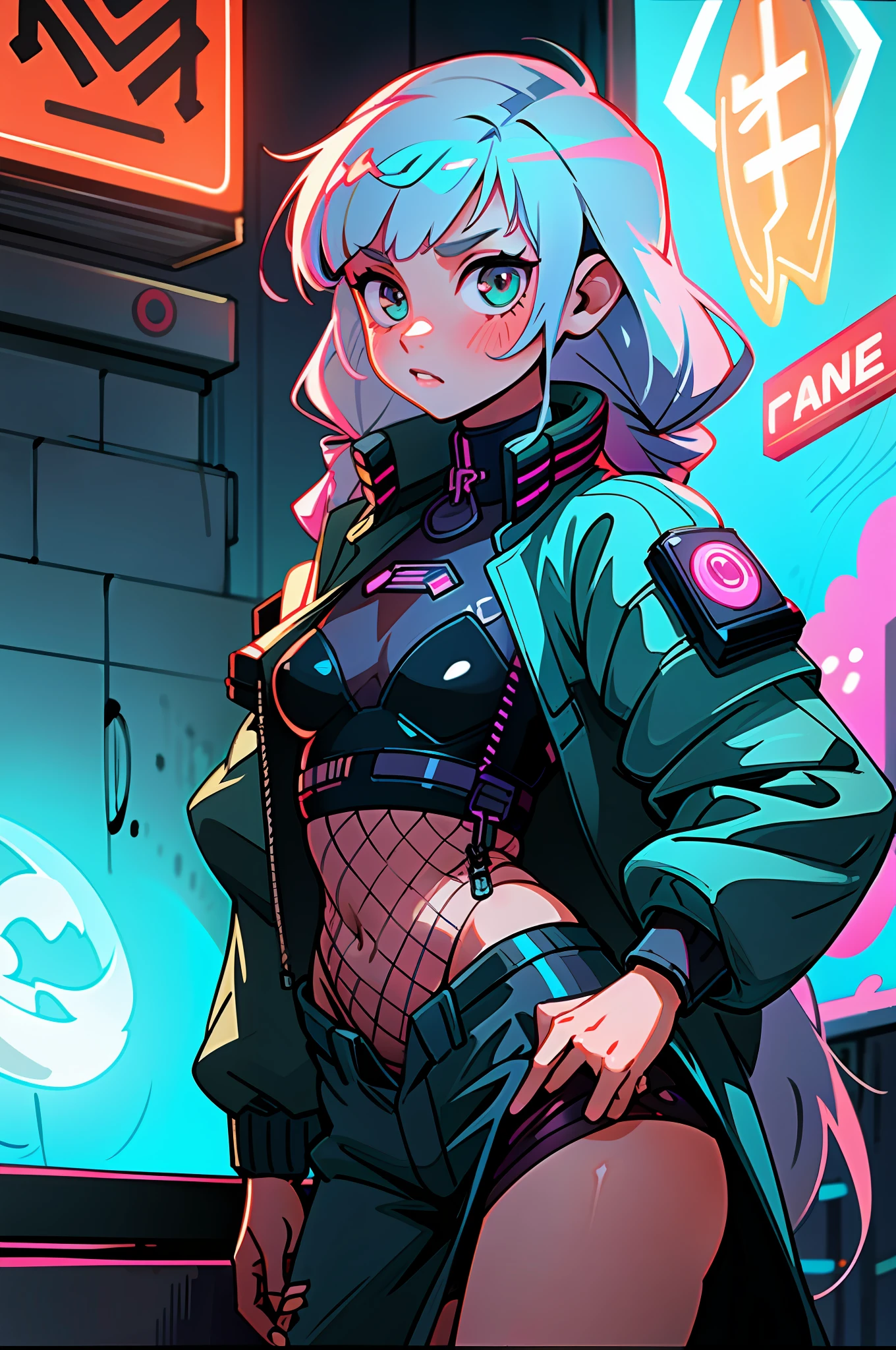 (best quality, masterpiece), 1girl, holo jacket, cyberpunk, neon, fog, (cartoon: 1.5), sexy, thong, big chest, tight, small, small, neon signs, ramen shop, fishnet very low, transparent, very long hair,
