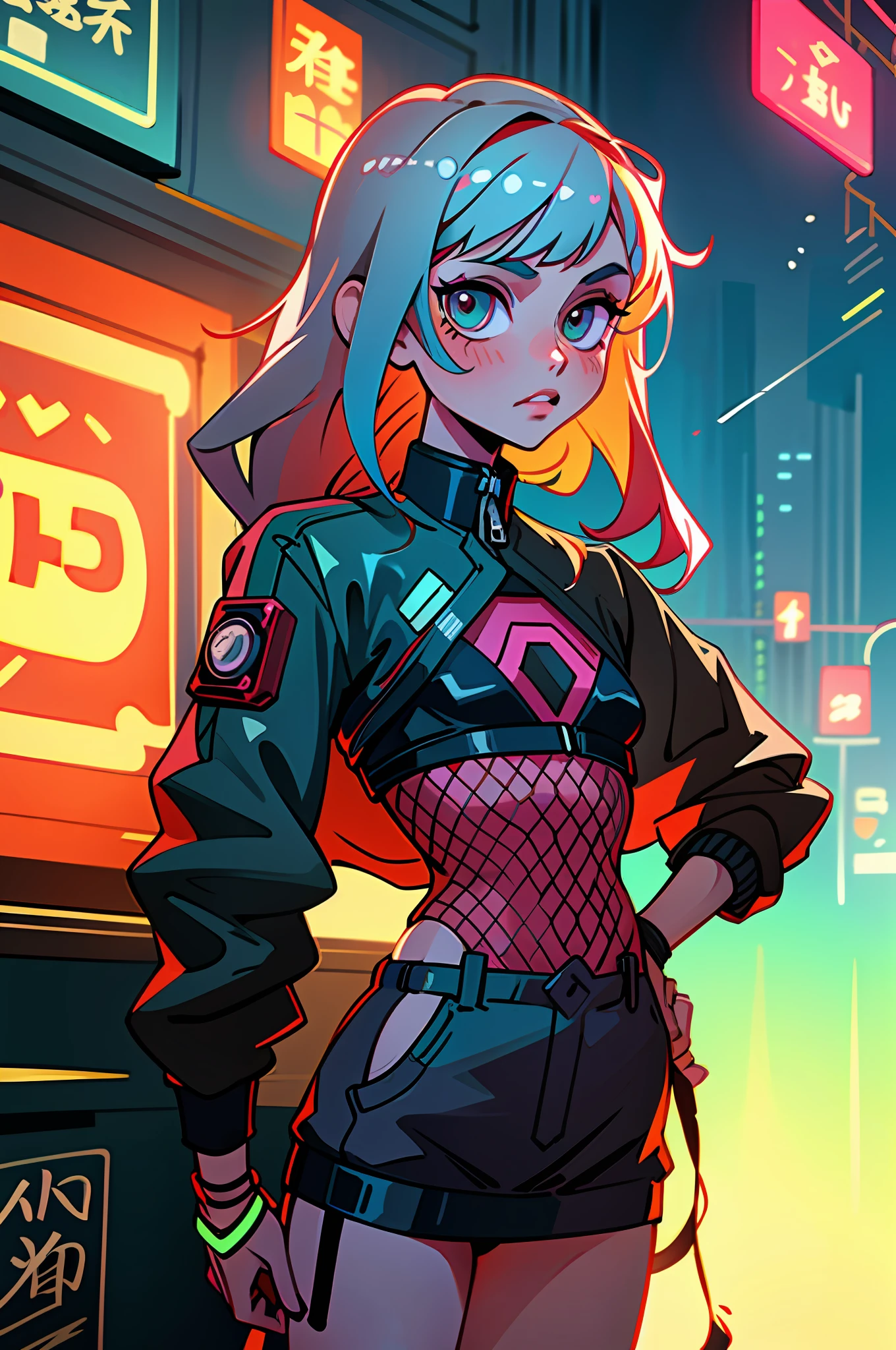 (best quality, masterpiece), 1girl, holo jacket, cyberpunk, neon, fog, (cartoon: 1.5), sexy, thong, big chest, tight, small, small, neon signs, ramen shop, fishnet very low, transparent, very long hair,