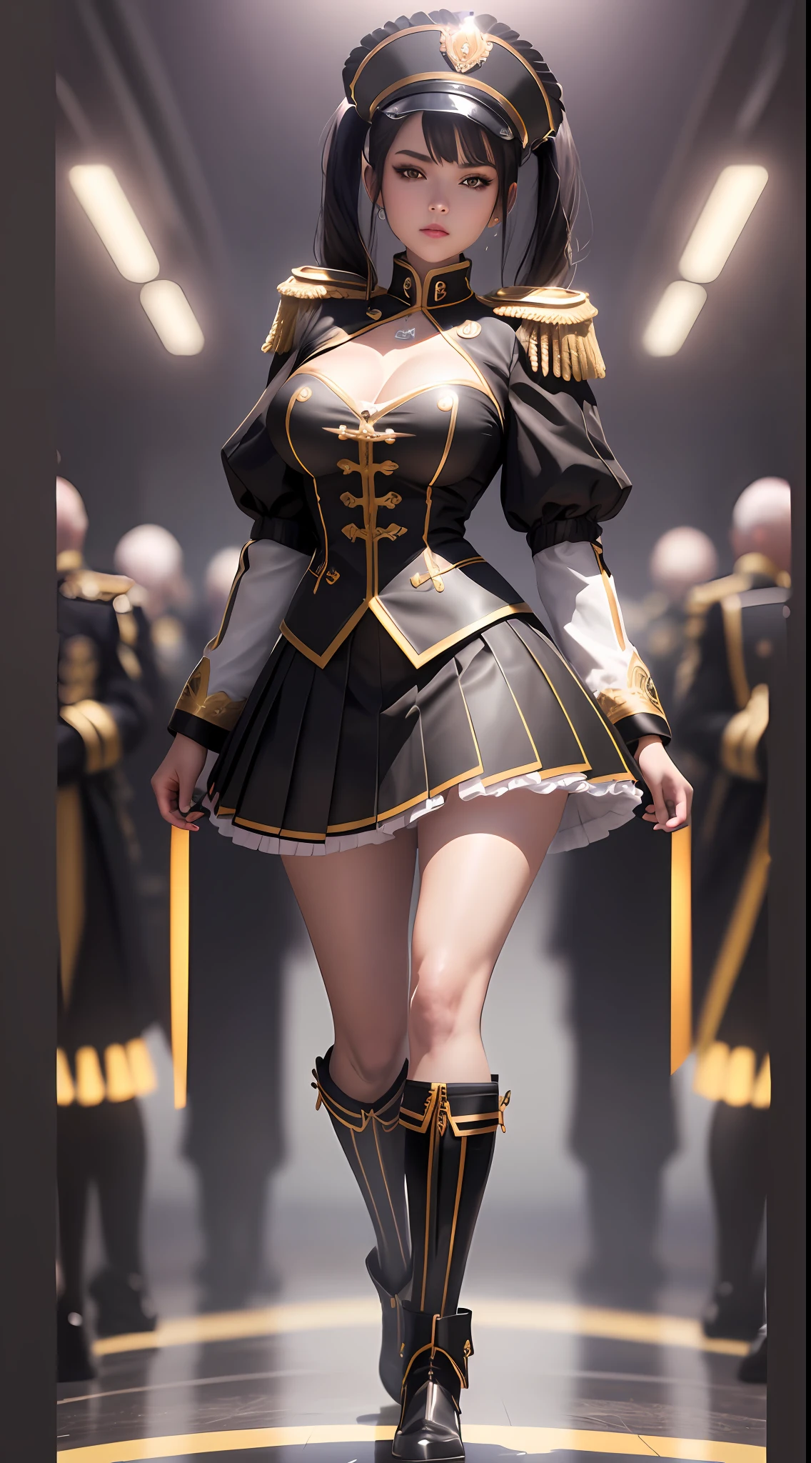 full body, girl, epaulette, black marching band costume, red pleated miniskirt, portrait, production cinematic character render, ultra high quality model, intricate clothing, analogous colors, glowing shadows, depth of field, high quality, high detail, high definition, Luminous Studio graphics engine, slim waist, nice hips, don't cut head.