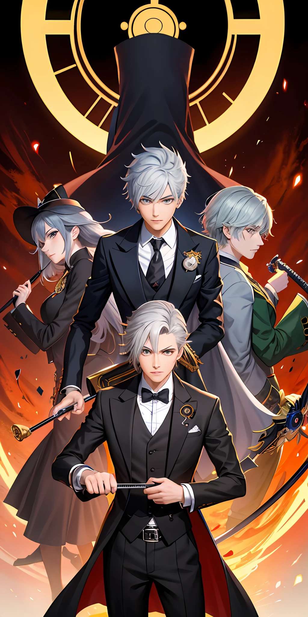 Anime clockwork wizard male in a tower wearing a suit, with grey hair, holding a cane, extreme quality, masterpiece. Rwby art style
