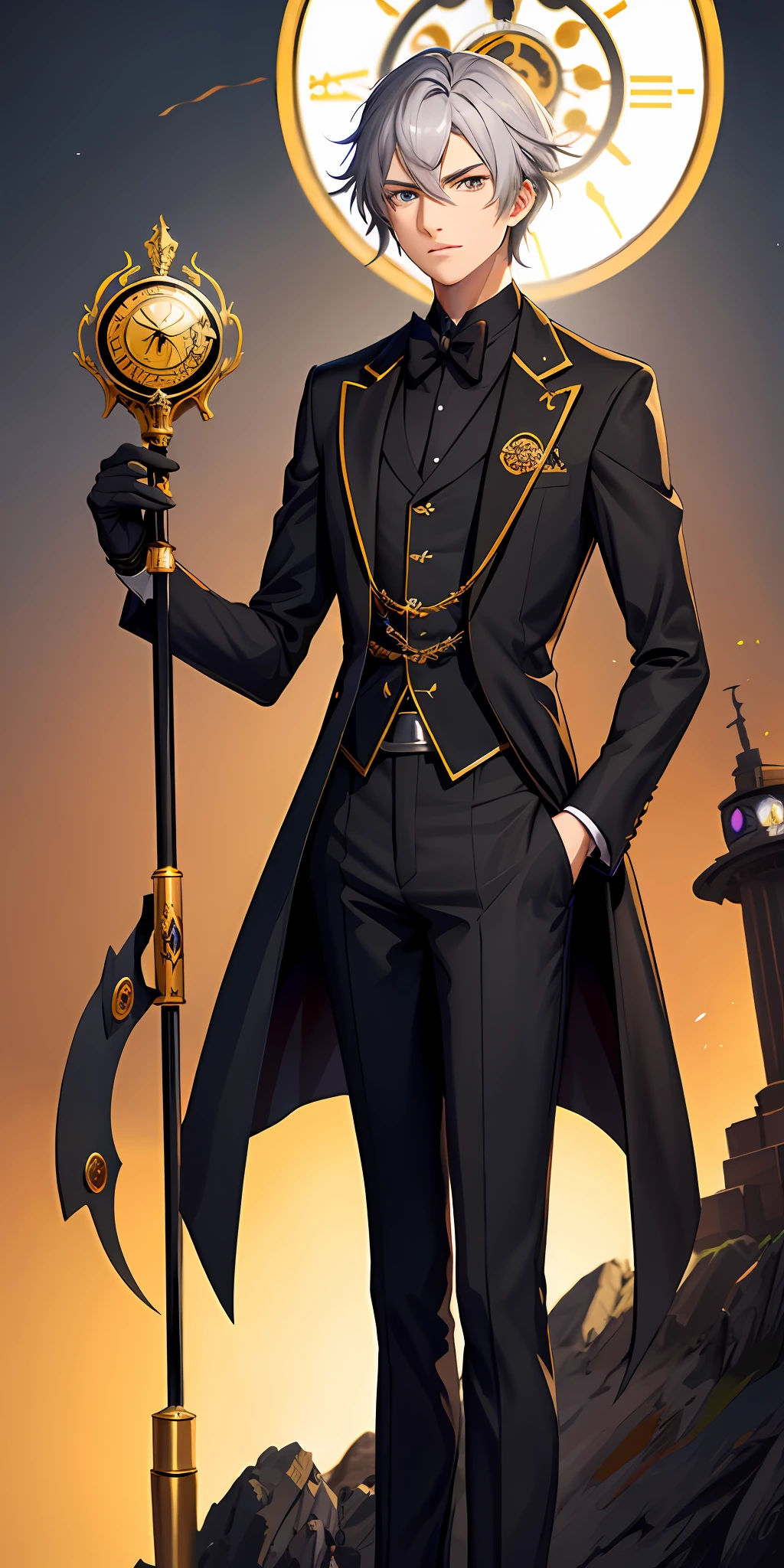 Anime clockwork wizard male in a tower wearing a suit, with grey hair, holding a cane, extreme quality, masterpiece. Rwby art style