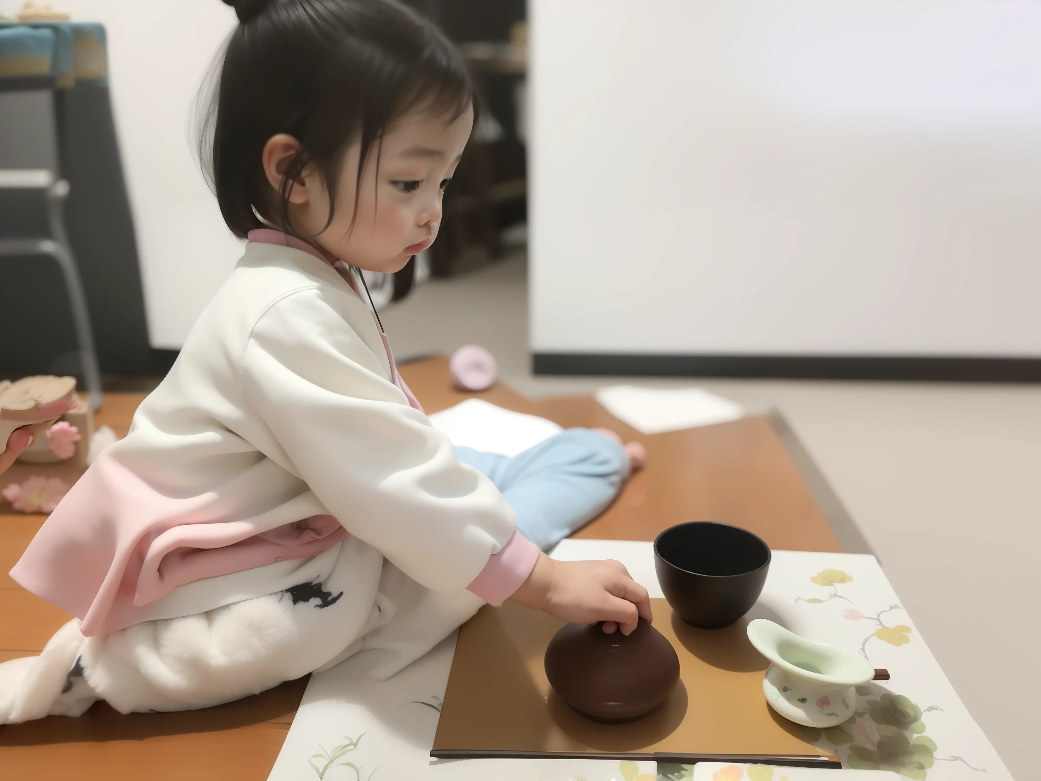 there is a sitting on the floor making a cake, kid, japanese style painting, chinese ink painting, painting, painting, traditional chinese ink painting, art student, chinese painting style, tea ceremony scene, paining, toddler, japanese painting, mingchen shen, chinese artist, museum ink painting, inspired by Ma Yuanyu, little kid, child
