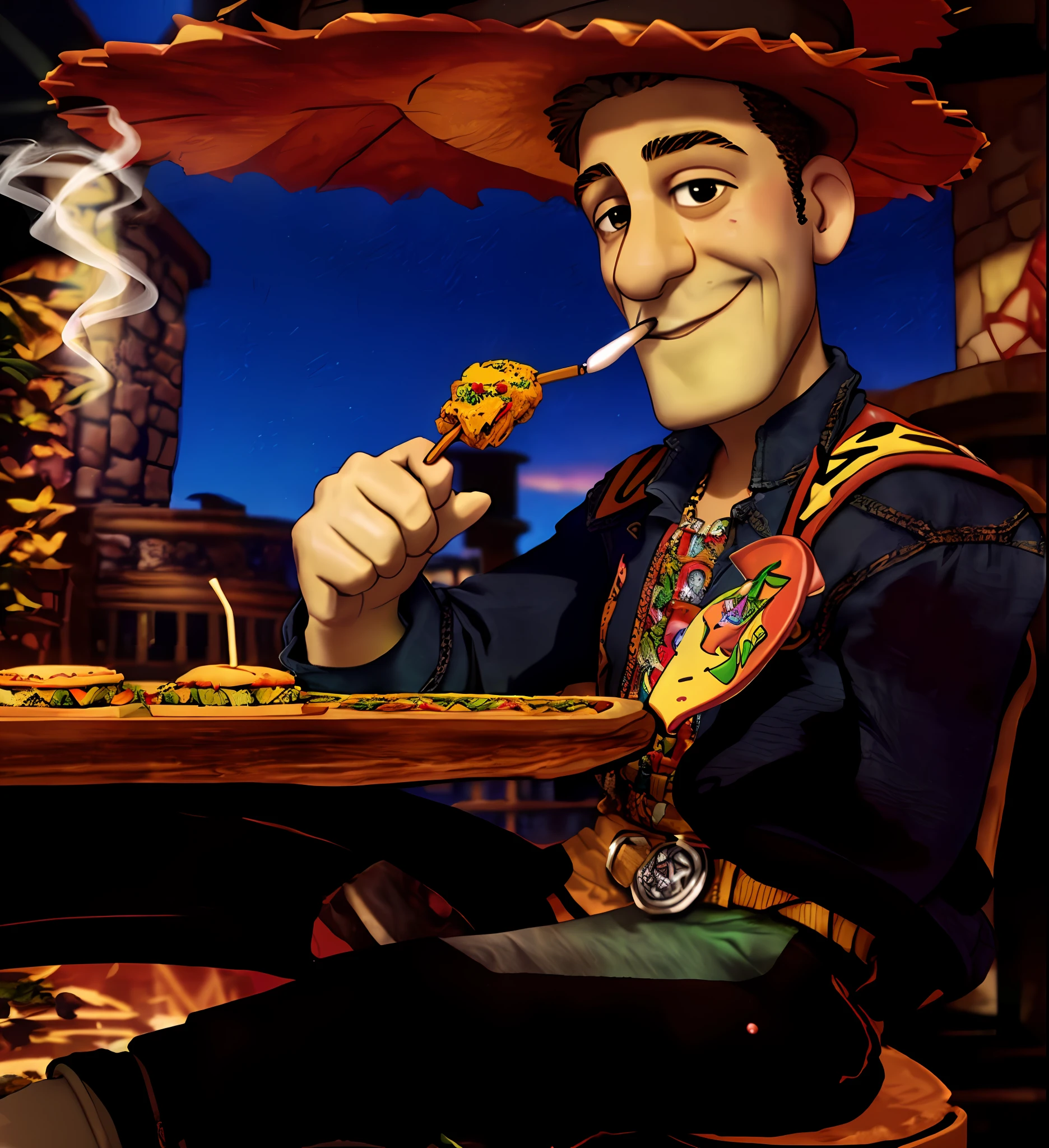 3D drawing of a Mexican man sitting at a table with a marijuana burger in his hand as he smokes a joint and gets high. In the sky, it's raining marijuana. (marijuana, smoking, sky, table, funny cartoon man)