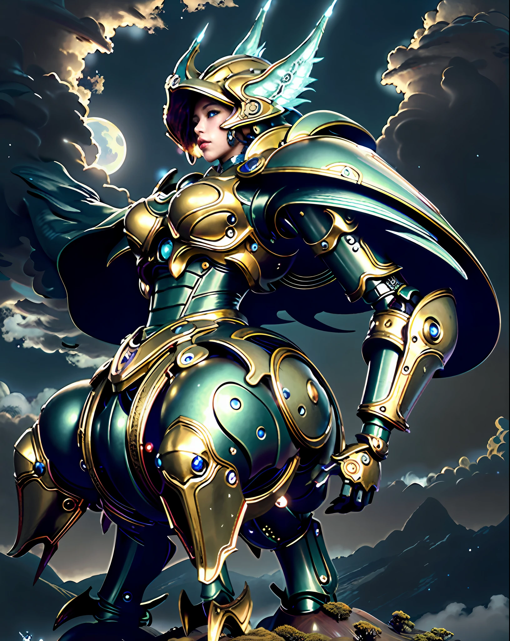 ((best quality)), ((masterpiece)), (detailed), giant mecha, horror beauty, perched on a cloud, (fantasy illustration:1.3), enchanting gaze,HD, otherworldly charm, mystical sky, (Luis Royo:1.2), (Yoshitaka Amano:1.1), moonlit night, soft colors, (detailed cloudscape:1.3), (high-resolution:1.2)