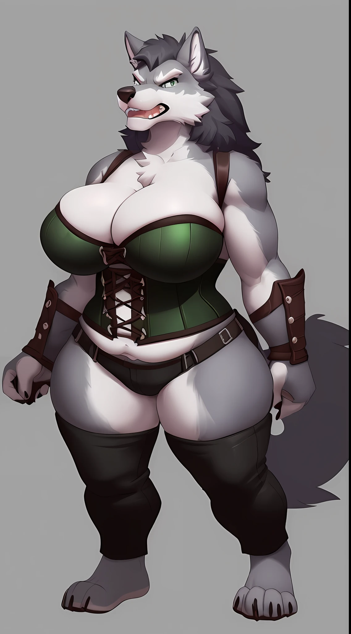 (Wolf), (green), two tone, anthro, (wearing Corset), (wearing cotton pants), high detail, high resolution, raw photo, gray background, cleavage, 1girl, solo, massive breasts, high quality, hi res, sharp, detailed body, detailed, cartoony, ((looking at viewer)), (angry), mad, t full body, whole body, ((full body portrait)), far away, (((full body concept))), attack pose, battle pose, chubby,  breast spill, breast spilling, (cleavage overflow), Medieval, rpg