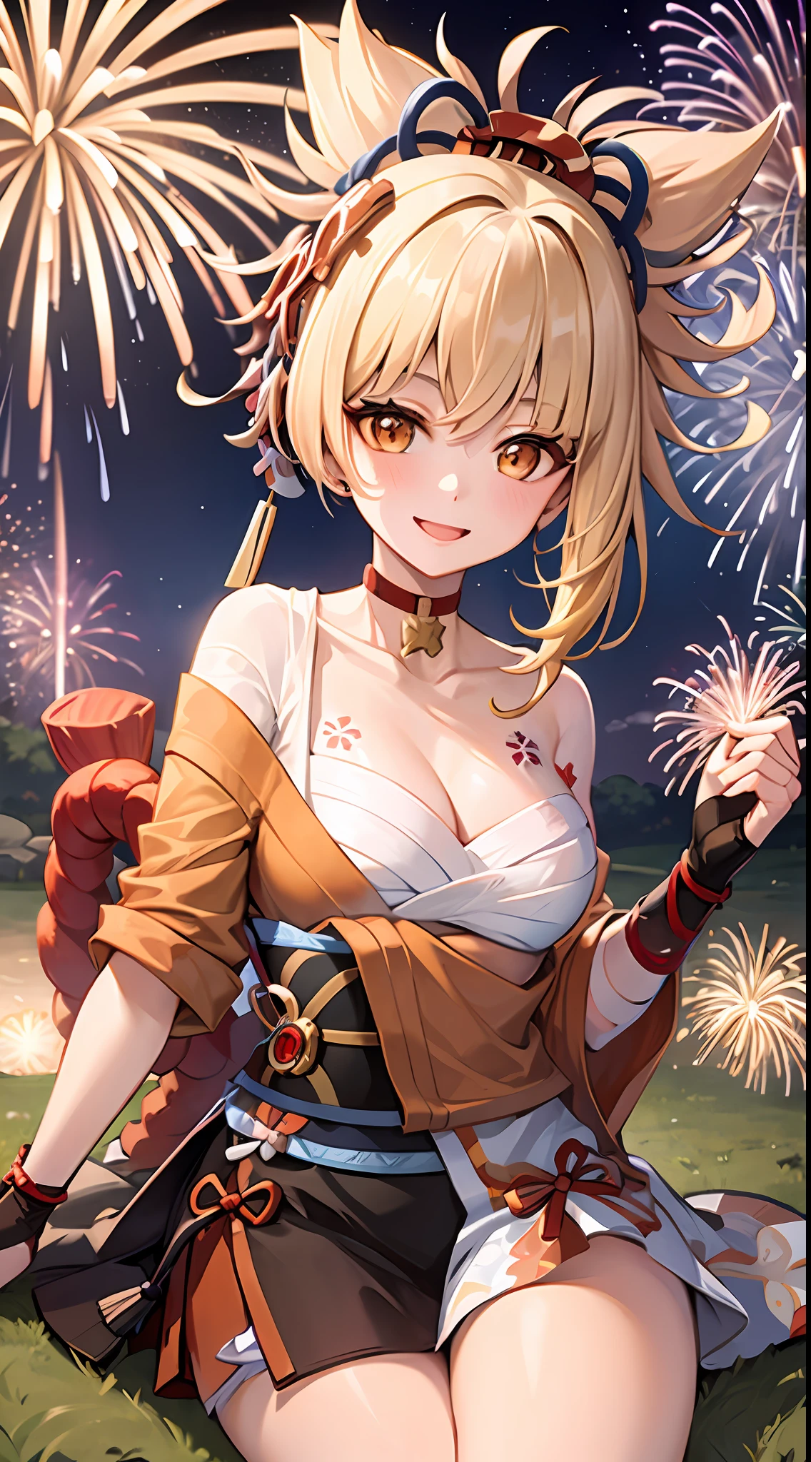 1girl,cowboy shot,sitting,草原,fireworks,evening,joy,origen,