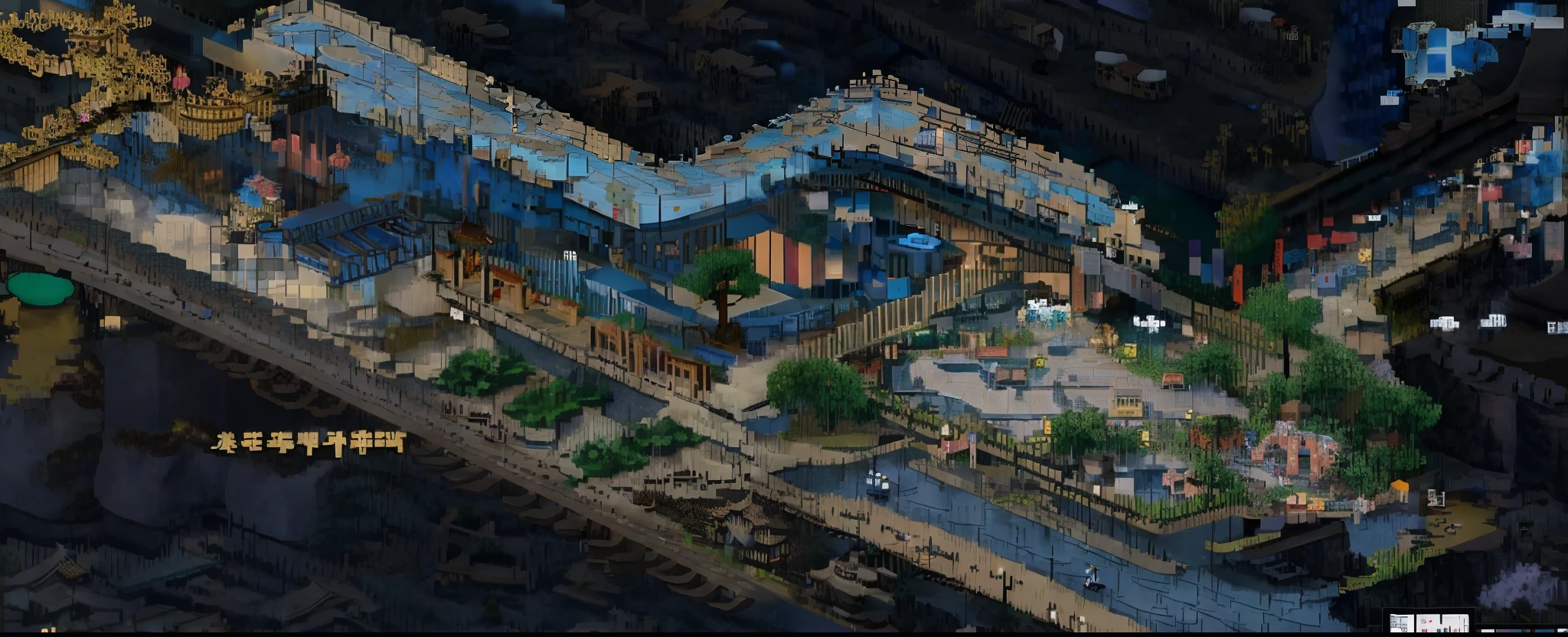 A Chinese city game map with bridges and towers, isometric pixel art role-playing game. Chinese architecture during the Qing Dynasty, ancient Chinese garden architecture, Jiangnan water town, isometric pixel wind game map, city size is