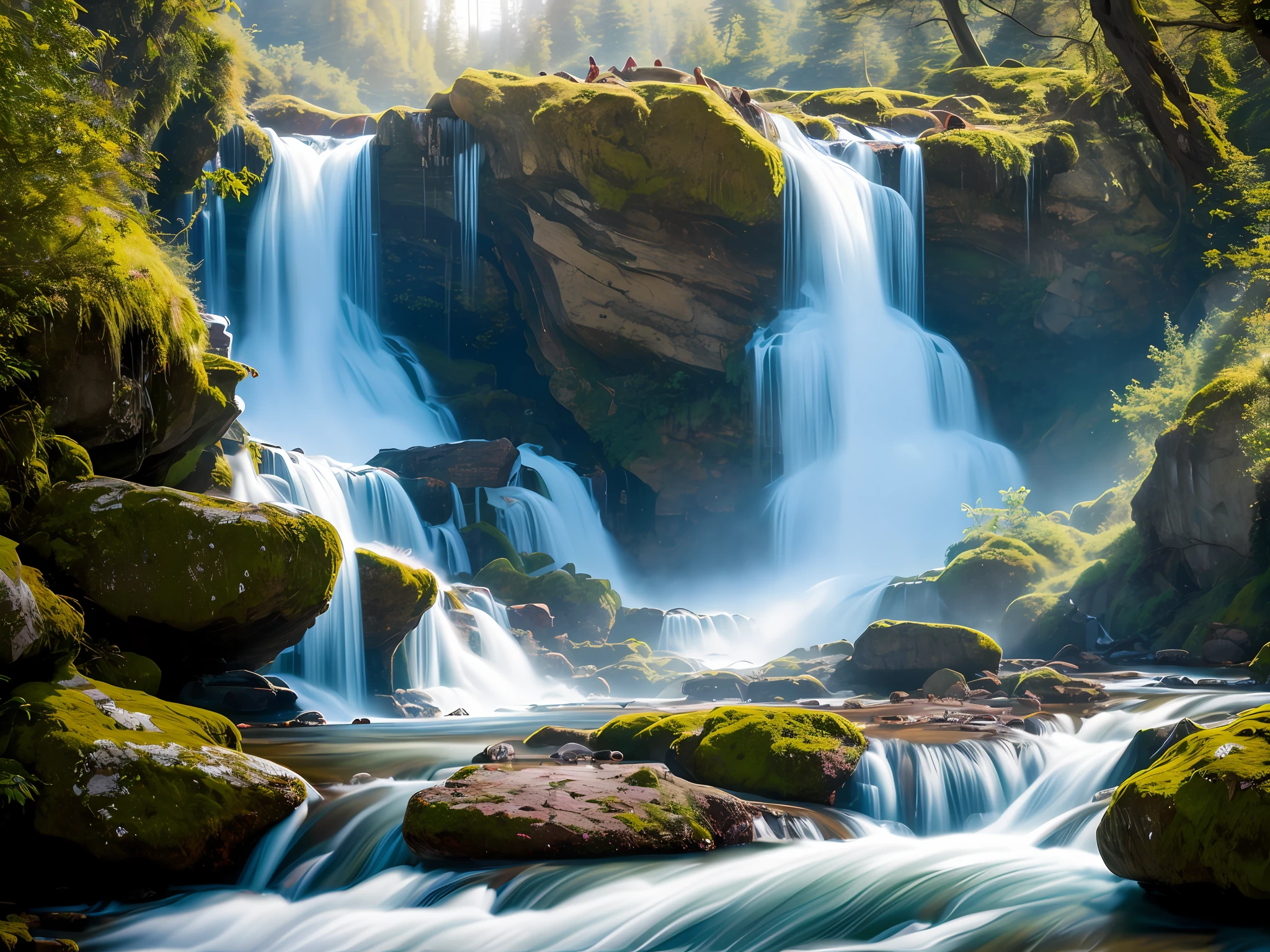 Chaotic rushing waterfalls in tranquil beautiful landscapes, ray tracing, detailed reflections, intricacies, high detail, drama, masterpieces of the best quality, photorealistic realism, detail, 8k, HDR, backlight, halo, flash, chromatic aberration, sharp focus