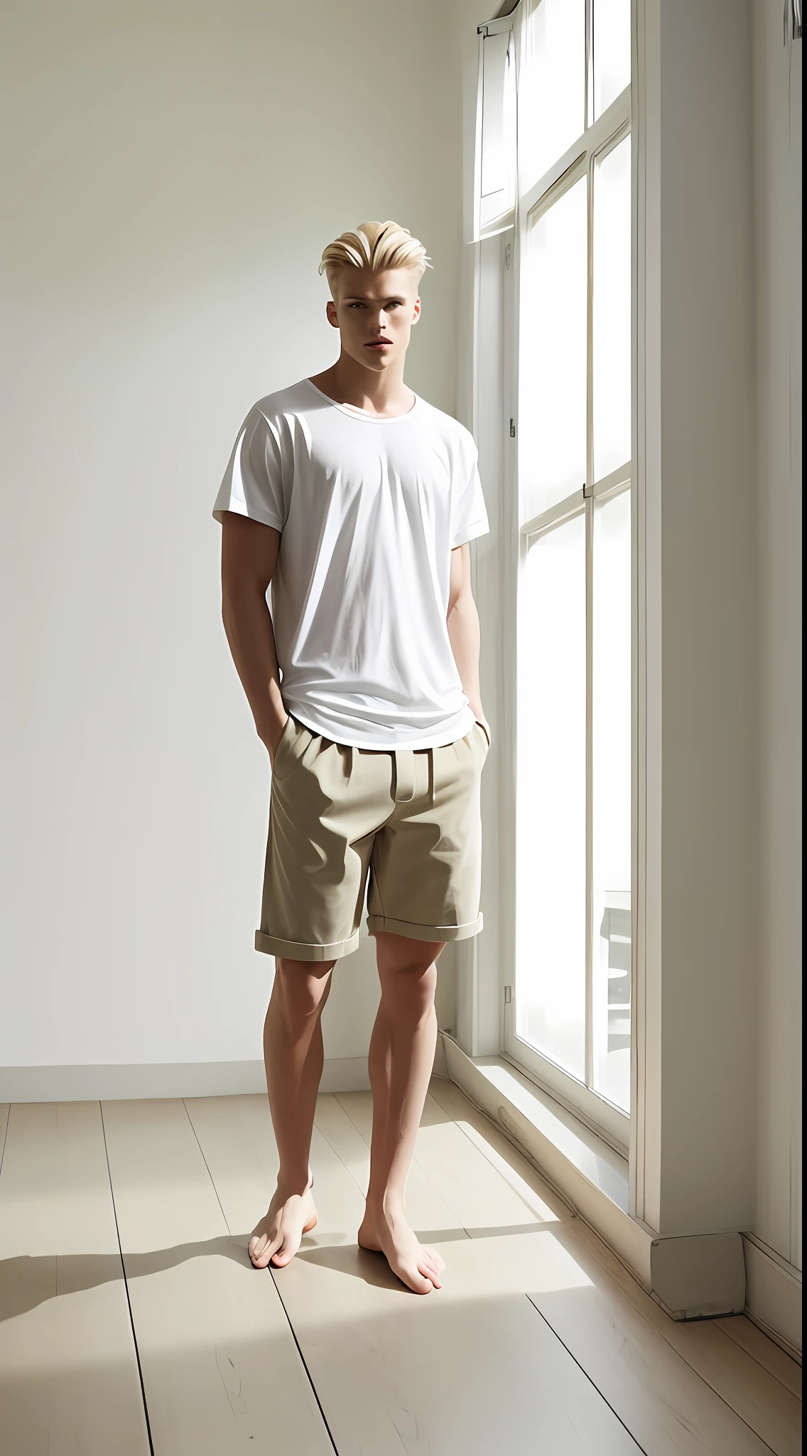 Fashion essay, with blonde male model, room with natural light, comfortable clothes