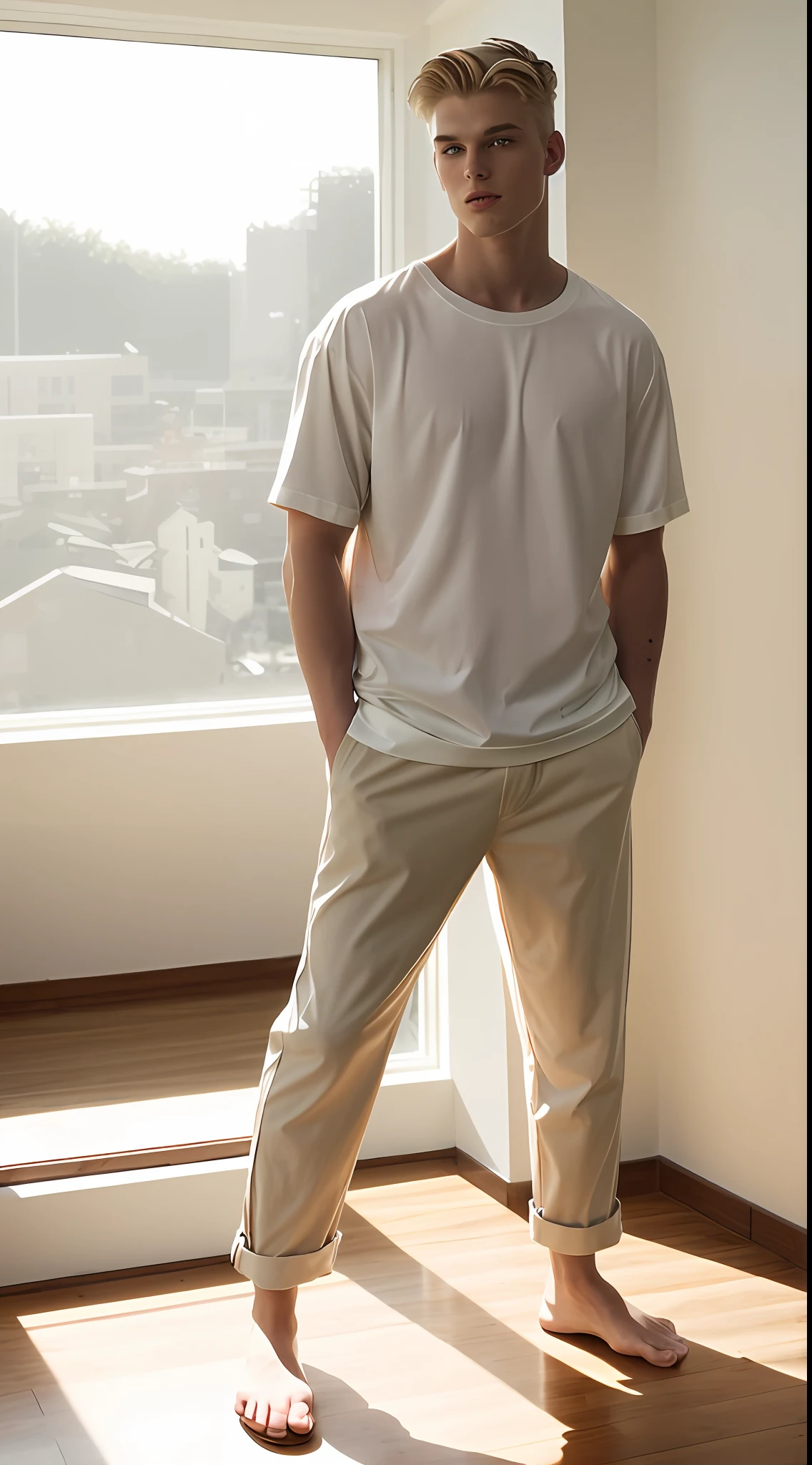 Fashion essay, with blonde male model, room with natural light, comfortable clothes