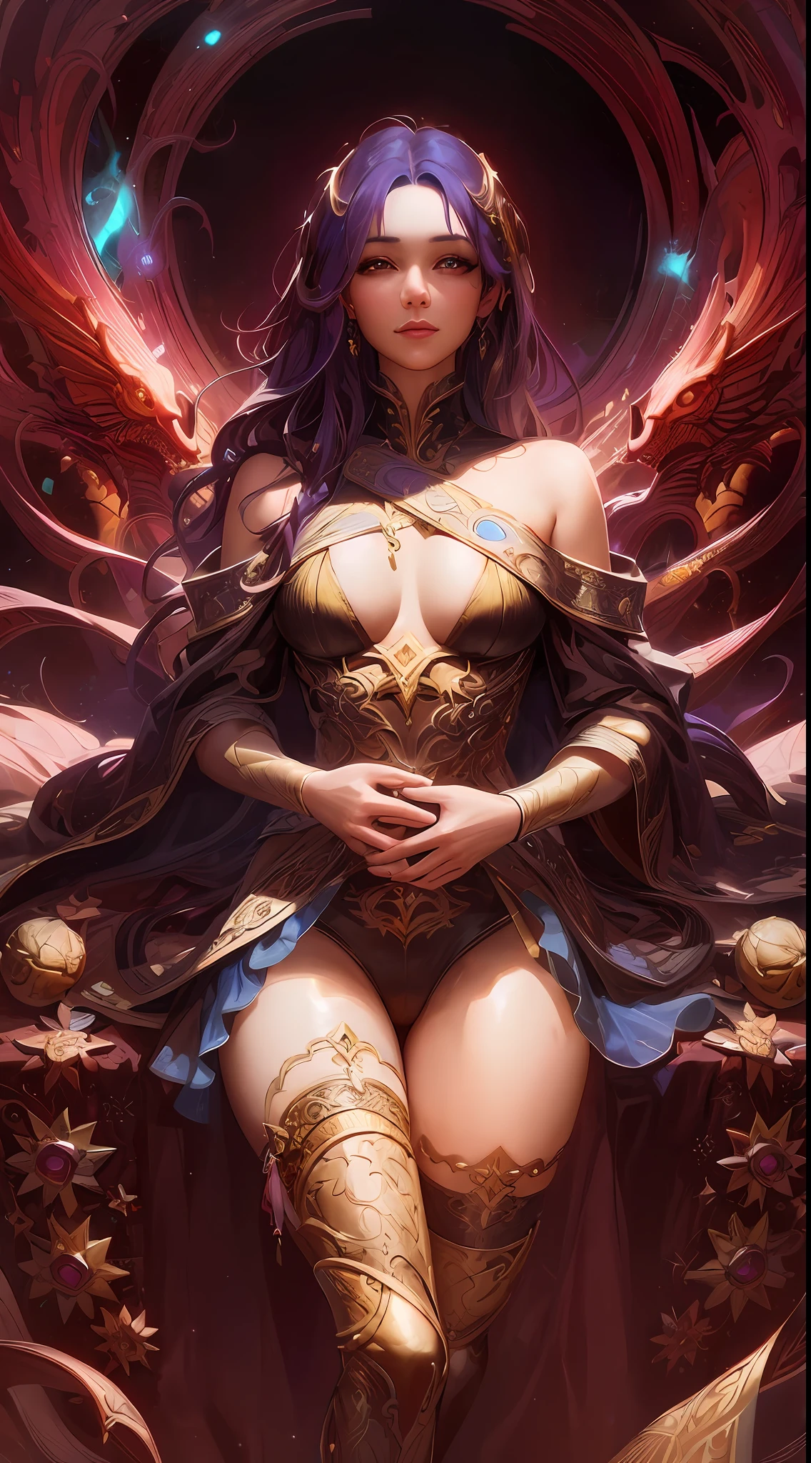 a woman in a dress with a dragon on her chest, digital fantasy art ), fantasy art behance, detailed fantasy digital art, artgerm julie bell beeple, fantasy woman, detailed fantasy art, karol bak uhd, by Yang J, 8k high quality detailed art, epic fantasy art style hd, 4k fantasy art, epic fantasy digital art style