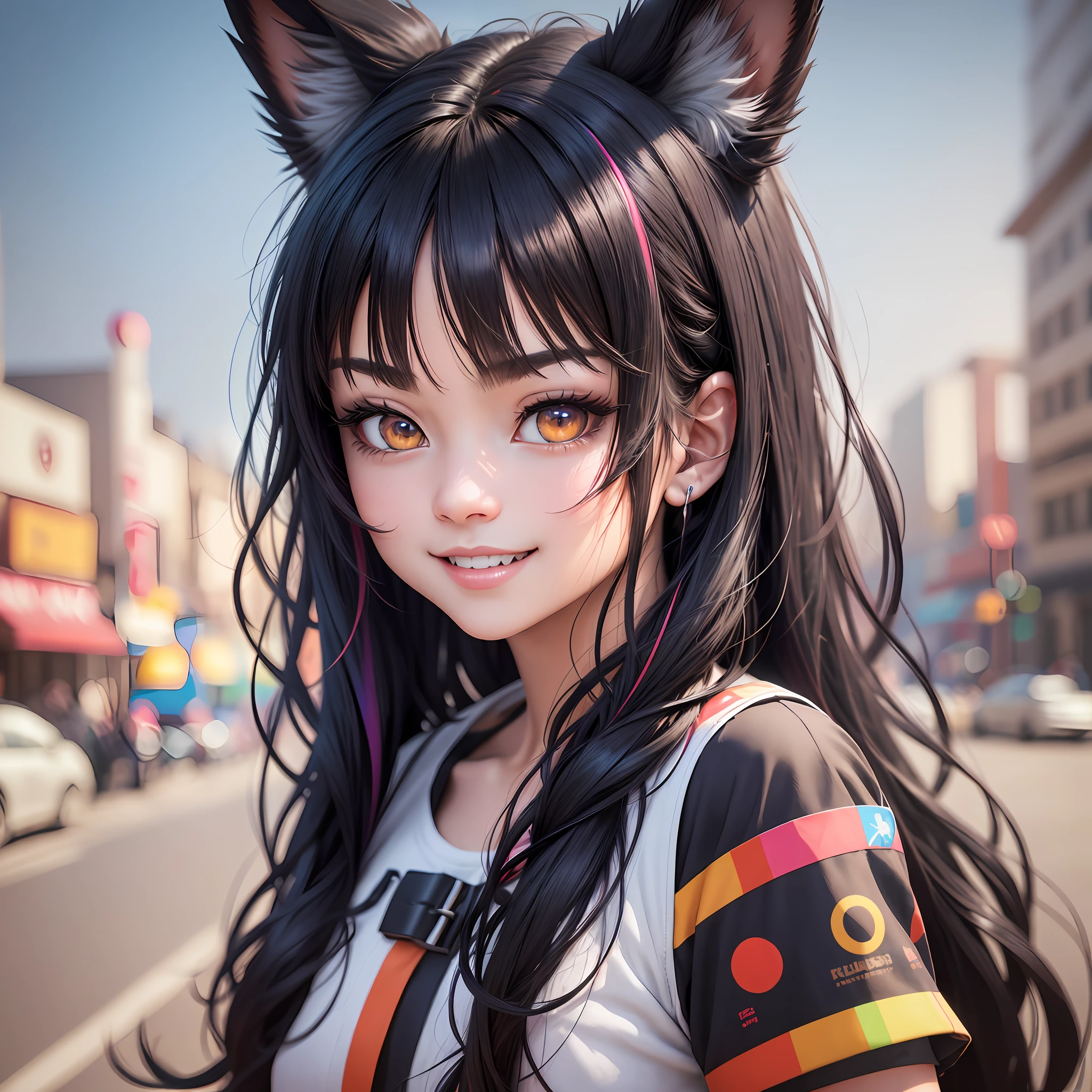 black hair, hair bobbles, wince, longeyelashes, solid circle eyes, fake animal ears, light smile, ear blush, fang, multicolored hair, Surrealism, drop shadow, anaglyph, stereogram, tachi-e, pov, atmospheric perspective, ray tracing, Surrealism, 8k, super detail, ccurate, best quality, best quality