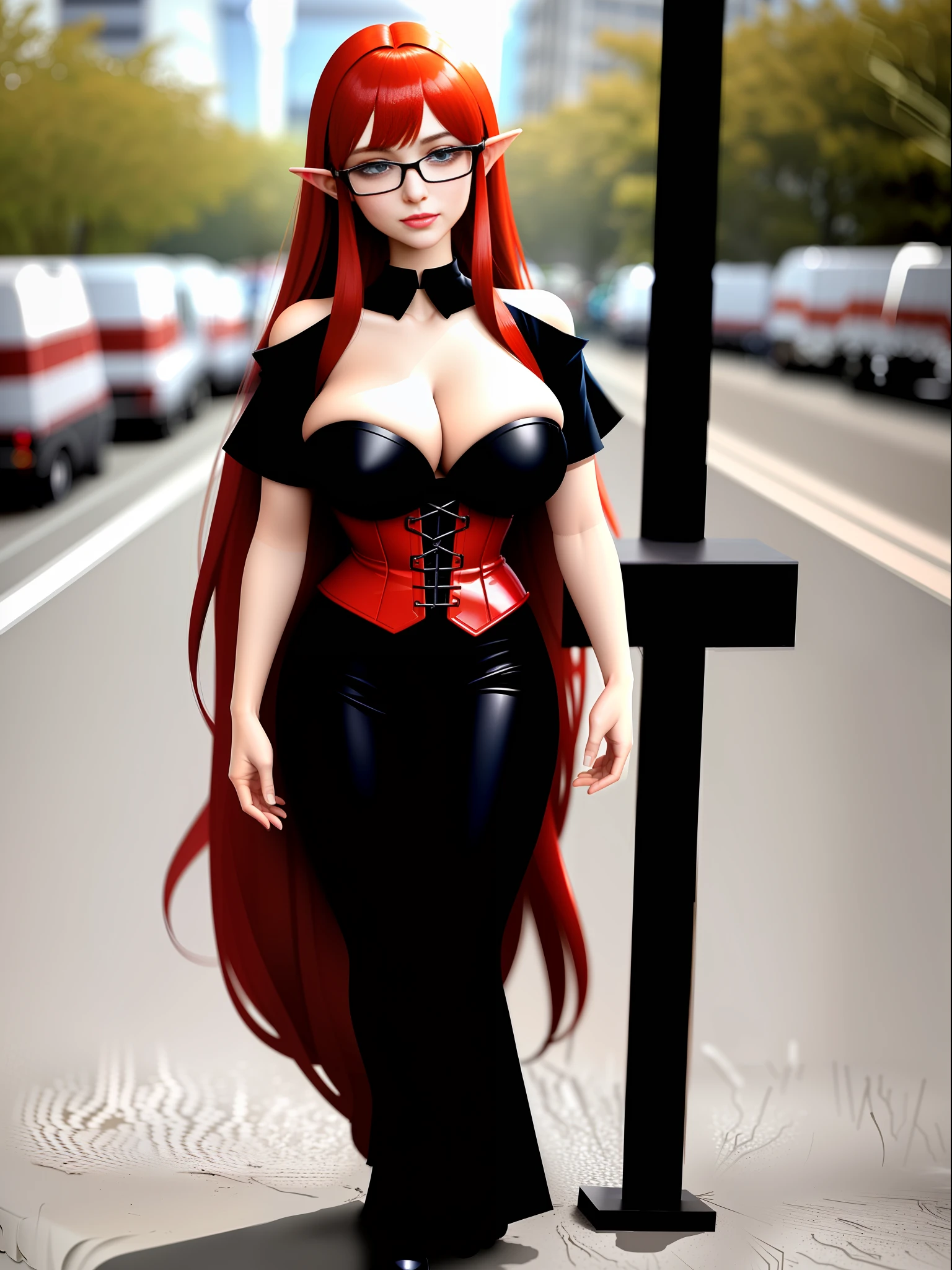 ((Full body image: 3.0)), completely packed bus with several men around Princess Zelda in Ultraman costume, squeezing her body, furry old man with bearded 90-year-old glasses holding her from behind. She has huge breasts, red hair in the wind, light green eyes, her look has a black shirt with white shot and white corset. They are around her to cover up the old man's actions. She's happy giving a beautiful smile and showing off. Anime style, (16k:1.5), (highly detailed), (maximum quality), (maximum resolution), sharp focus.